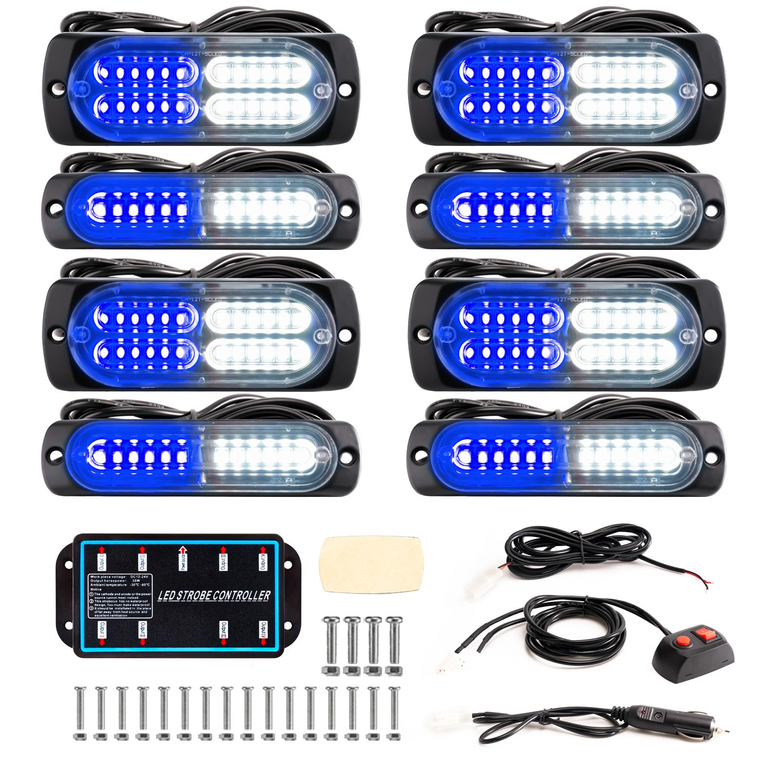 BooYu 8-pcs Sync Feature LED Emergency Strobe Lights Ultra Slim Grille Surface Mount Flashing Warning Hazard Light Bar w/Controller for Construction, Firefighter, Trucks, Vehicles, Car (Blue/White)