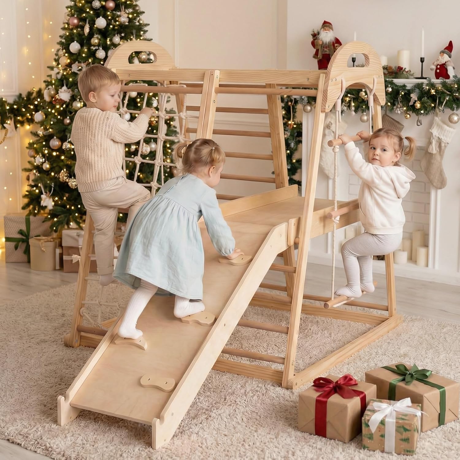 OLAKIDS Indoor Jungle Gym, 8 in 1 Wooden Montessori Toddler Climbing Toys with Adjustable Ramp Swing Slide, Monkey Bar Rope Ladder Waiting Area (Natural)