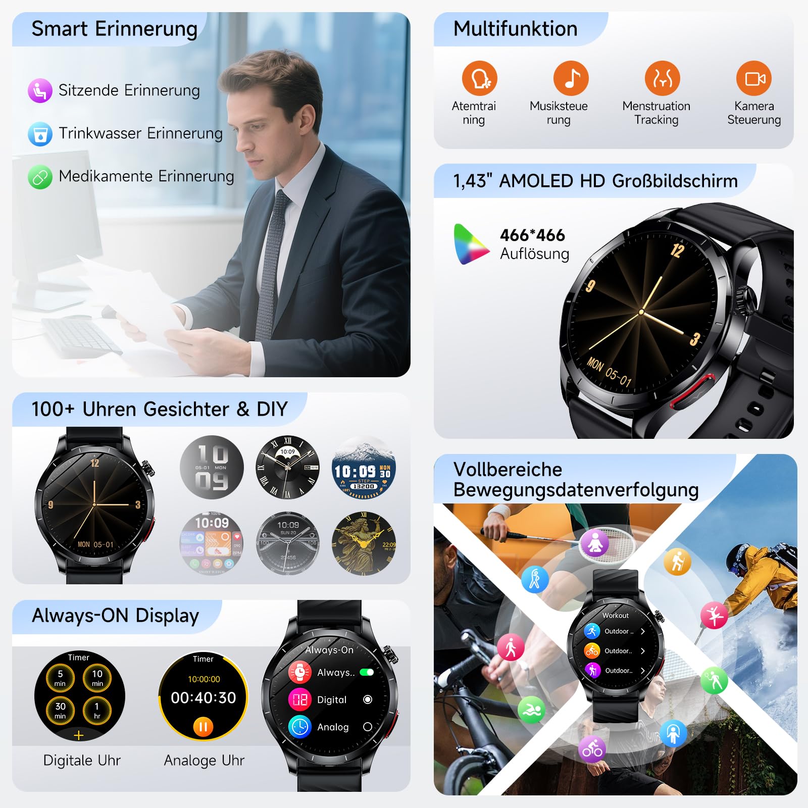 Neu Smartwatch Herren mit EKG+HRV & Blutdruck, 1,43" AMOLED Gesundheitsuhr | 24H Herzfrequenz, SpO2, Schlafmonitor, Körpertemperatur, Telefonfunktion, Harnsäure, SOS-Notruf, Fitnessuhr für Android iOS