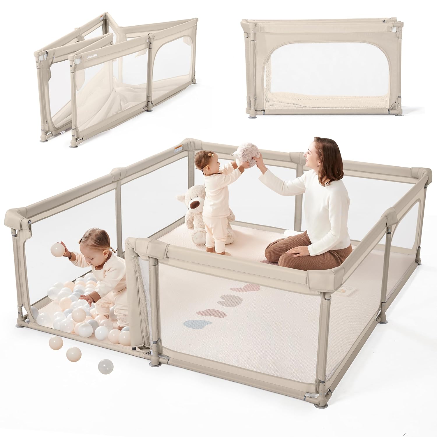 Sweeby Baby Playpen, 71x59 Inch Foldable Playpens for Babies and Toddlers with Gate, Extra Large Playpen with Door Play Yard for Baby Fence Indoor and Outdoor Portable Play Pen, Beige