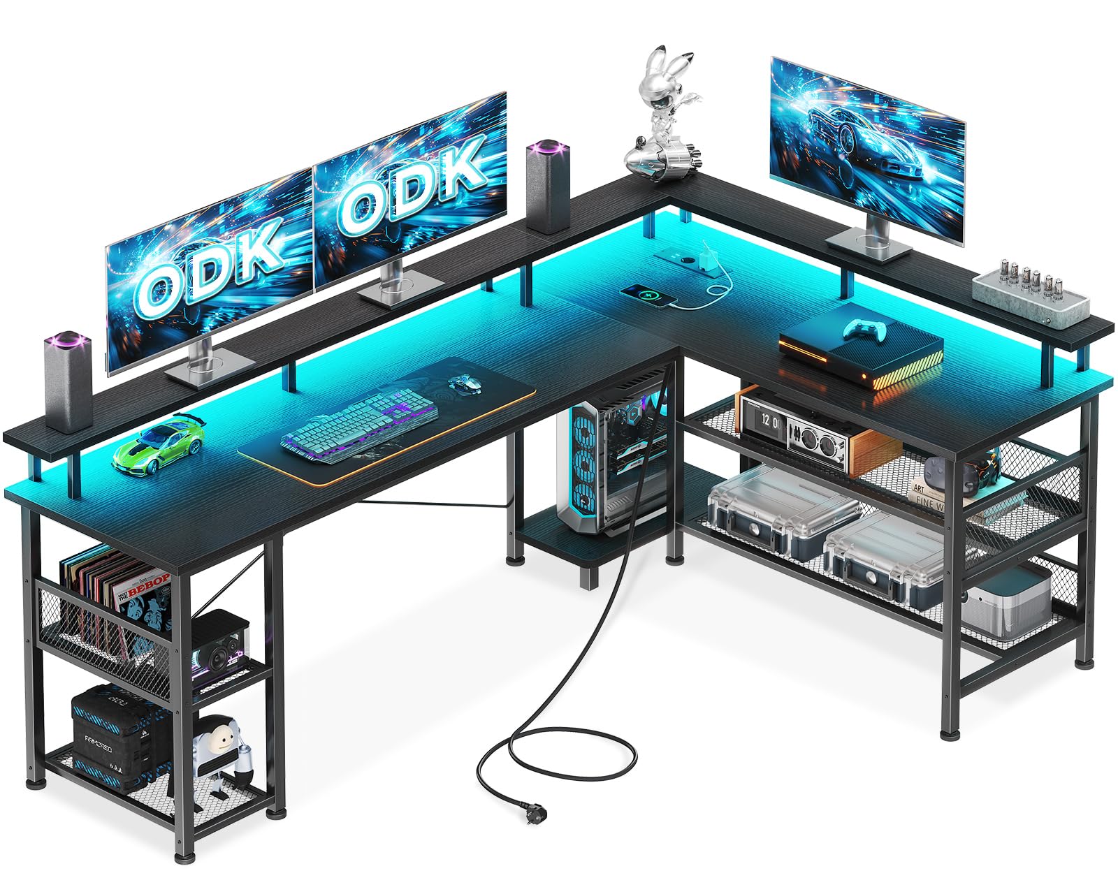 ODK Escritorio Gaming en L con LED y Estantes, 168x120cm, Negro | Escritorio Esquinero Reversible con Estantes, Puerto USB y Toma de Corriente, Mesa Gaming con Soporte para Monitor