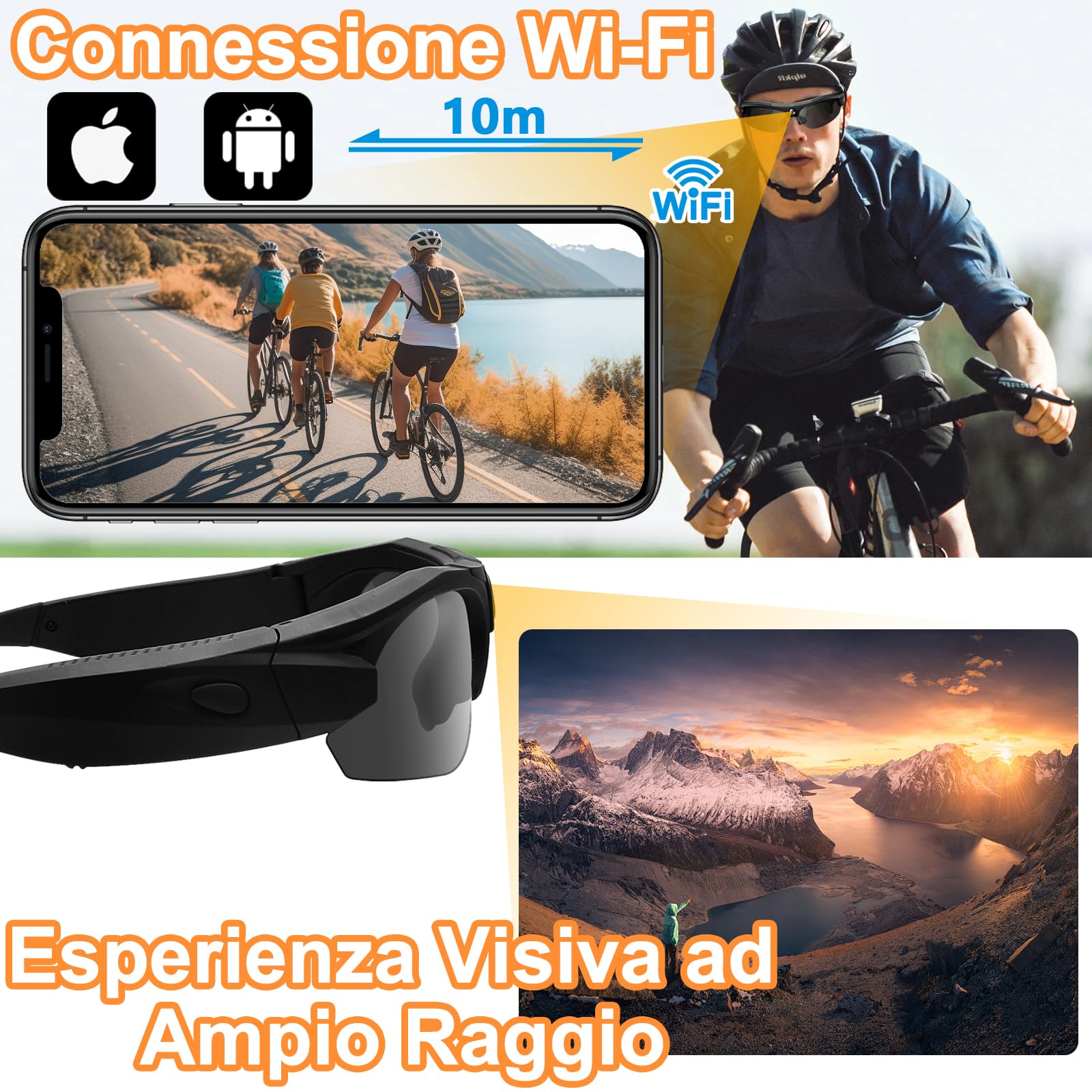Occhiali con Telecamera 4K WiFi Grandangolo, Lenti Polarizzate | 100min batteria, 256GB SD, registrazione in loop, lenti UV, custodia inclusa