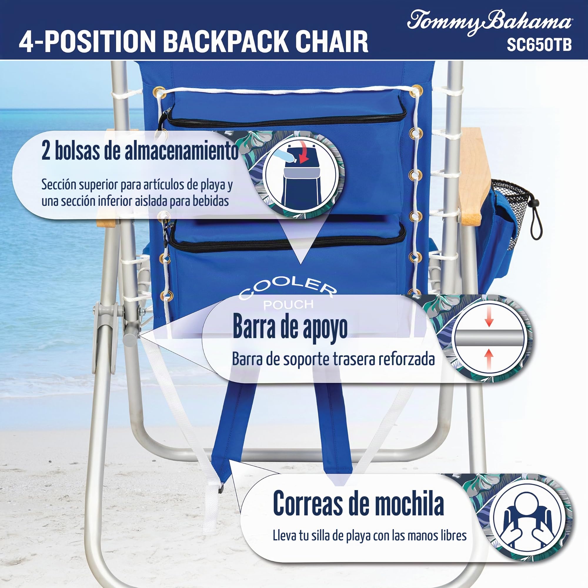 Tommy Bahama Hi-Boy - Silla de Playa Plegable con Cordones y suspensión de 4 Posiciones, de poliéster