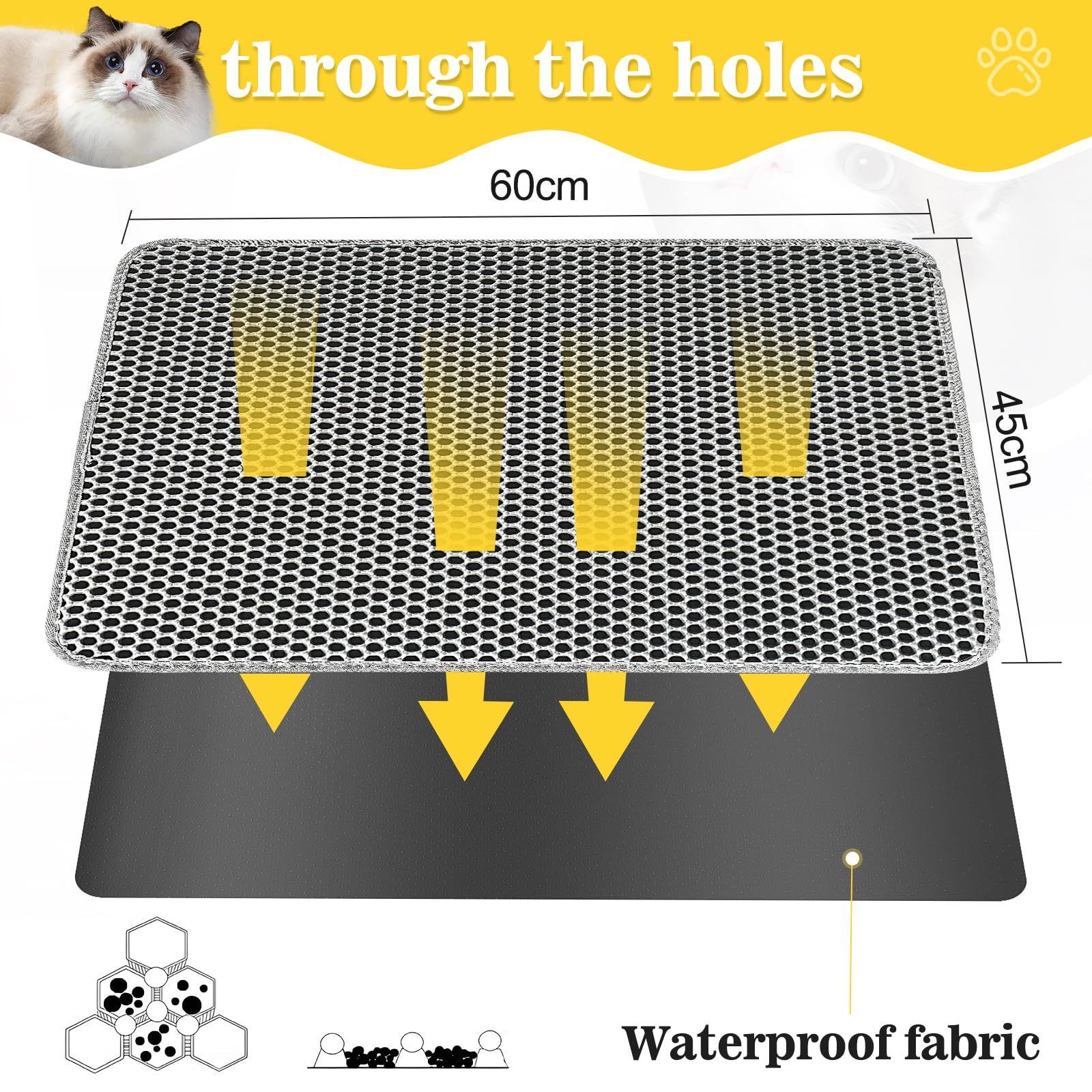 Katzenklo Matte 60x45 CM mit Klettverschluss und Großes Loch Design, Katzenstreu Matte Doppelte Wasserdichte und Rutschfeste, Katzenmatte Katzenklo Ungiftiges Material, Cat Litter Mat Grau