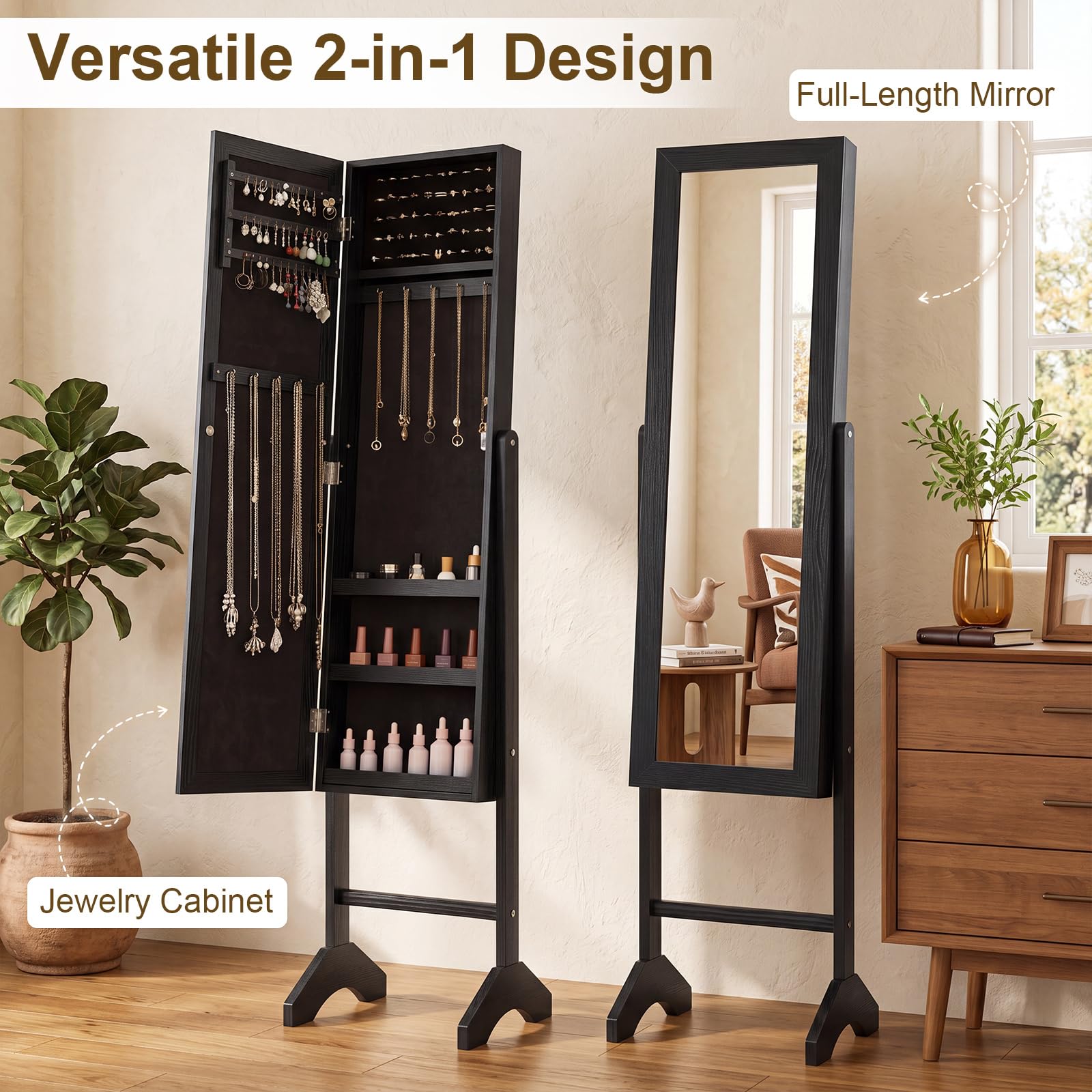 Giantex Jewelry Armoire with Full Length Mirror Freestanding Jewelry Organizer Cabinet with Ring Slots Earring Holders Necklace Hooks & Storage Shelves for Bedroom Black product thumbnail 7