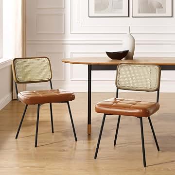 Zouron - Silla de Comedor de ratán (2 Unidades), diseño Moderno de Mediados de Siglo con Patas de Metal,Silla de Cocina con Respaldo de ratán,Silla de Cuero Acolchado,Marrón