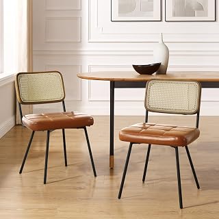 Zouron - Silla de Comedor de ratán (2 Unidades), diseño Moderno de Mediados de Siglo con Patas de Metal,Silla de Cocina con Respaldo de ratán,Silla de Cuero Acolchado,Marrón