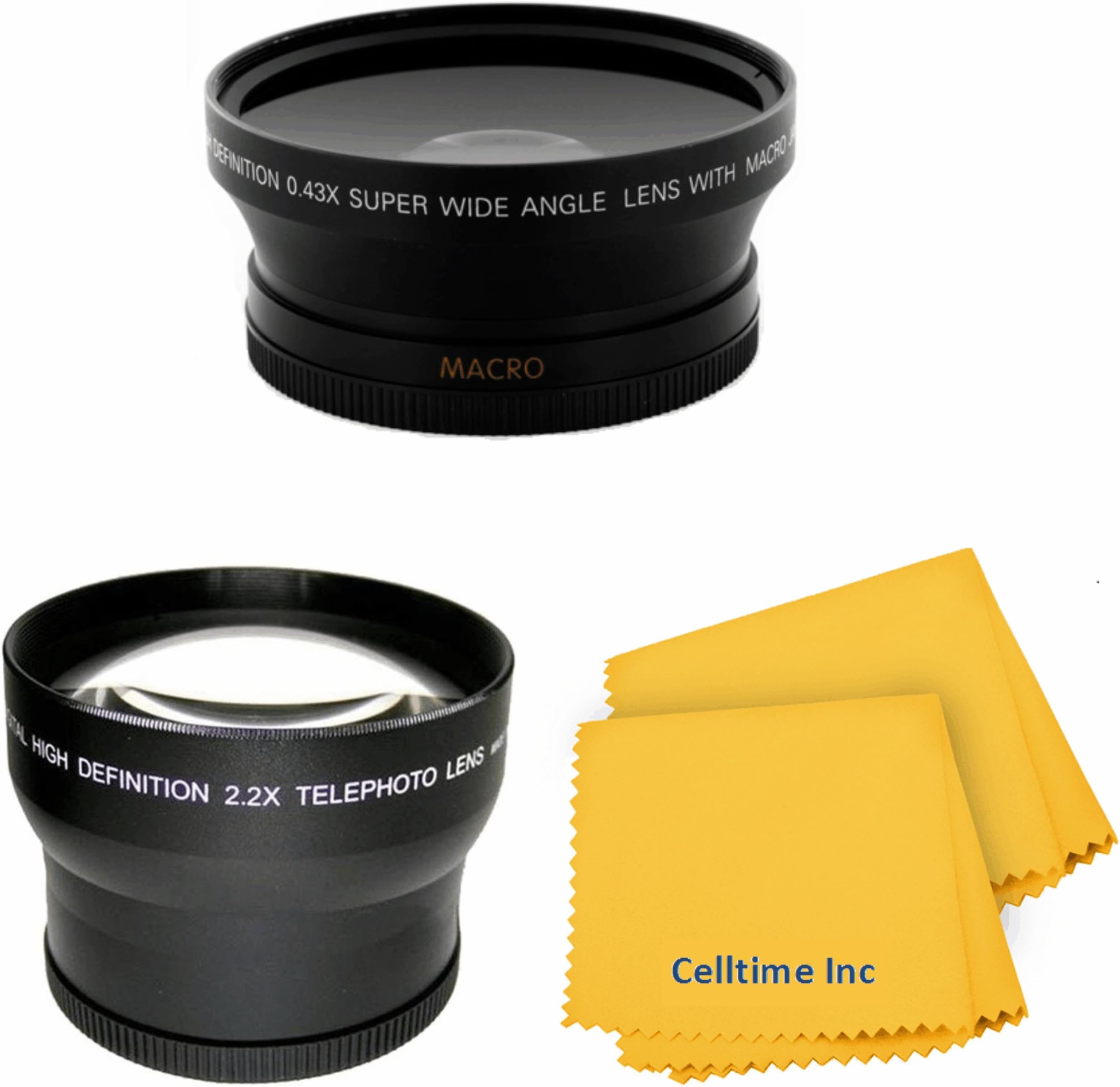 58MM 0.43X Wide Angle (w/ Macro Portion) and 2.2X Telephoto High Definition Lenses for CANON Rebel (T5i T4i T3i T3 T2 T2i T1i XT XTi XSi XS SL1), CANON EOS (1100D 700D 650D 600D 550D 500D 450D 400D 350D 300D) + Adapter Rings Set + Premium Celltime Elite Cleaning Lens Cloth