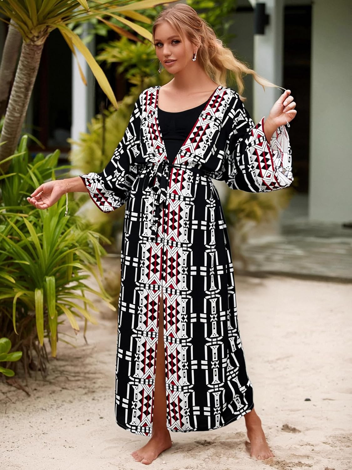 Checked beach kimono cover ups for Women 3/4Sleeve Kimono Duster Light Weight Kimono Cover up Loose swimwear cover ups kimono robes Open Front summer cardigans Beach Cover up with Belt (778 Check) - Image 8