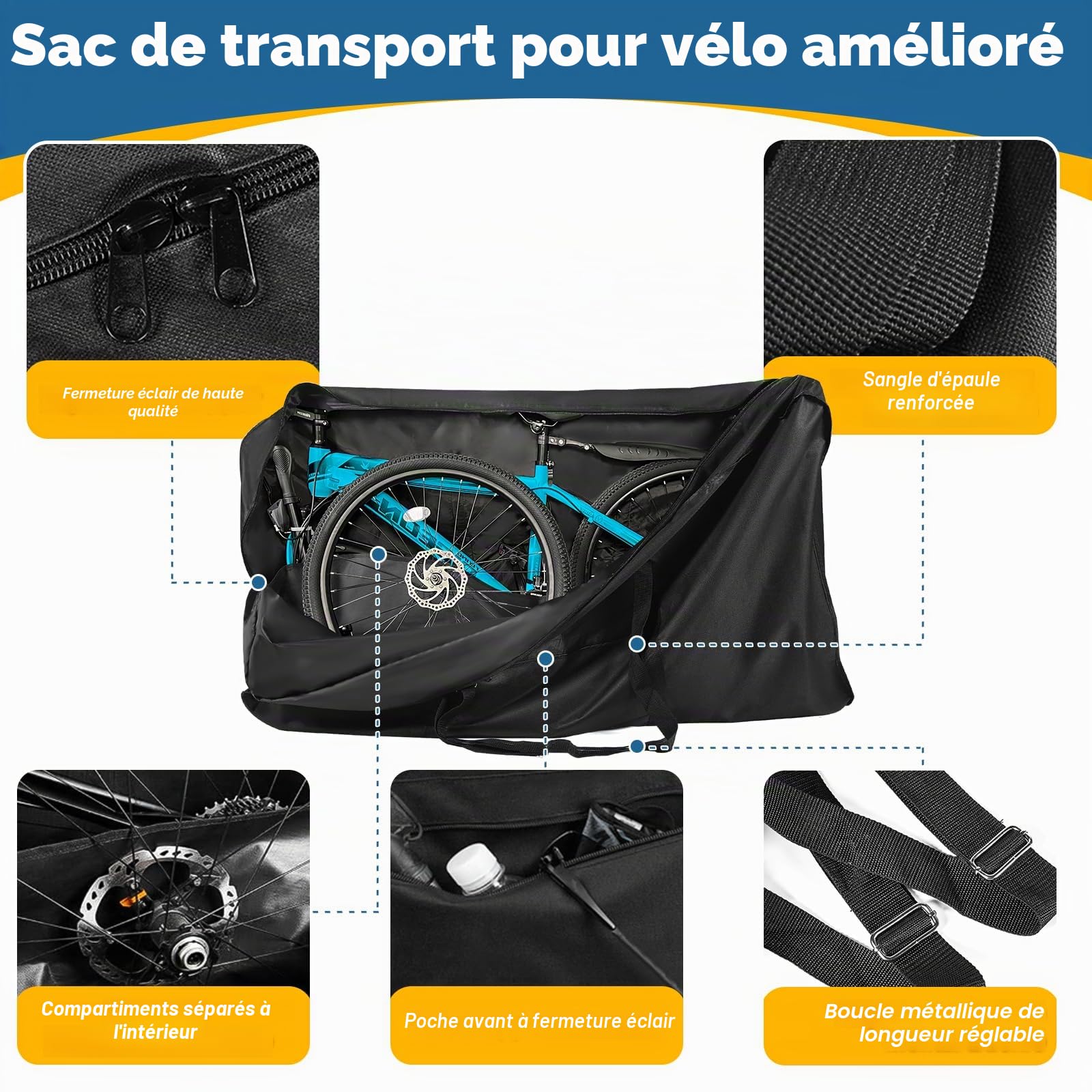 Sac de voyage pliable pour vélo, noir, 55,1 x 31,4 x 11 pouces (140 cm x 80 cm x 28 cm), sacoche de vélo multifonction