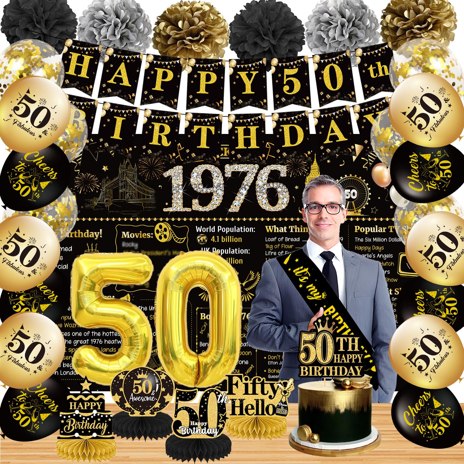Eiapadeor 50th Birthday Decorations for Men Women - 35 Pcs Black Gold Happy 50 Year Old Party Supplies Back in 1976 Backdrop Banner Balloons Sash Cake Topper Paper Pompoms Honeycomb Centerpiece Set โ image 1