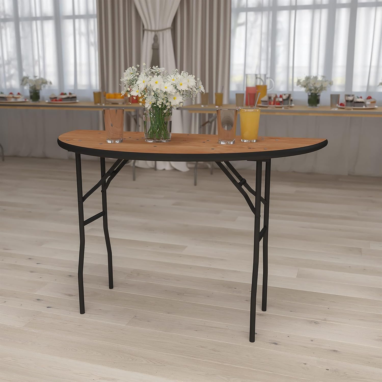 Flash Furniture Furman 4' Half-Round All-Occasion Wood Folding Event Table, Foldable Portable Half-Round Banquet Table with Wooden Top, Natural/Black
