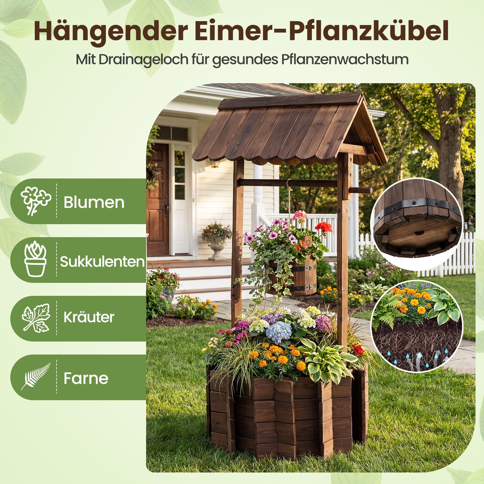 COSTWAY Holzbrunnen mit Dach, Wunschbrunnen Garten, Blumenkübel Dekobrunnen Blumentopf, Dekoration für Draußen Veranda, Zierbrunnen Brunnen Gartenbrunnen, 56 x 56 x 119 cm, Braun