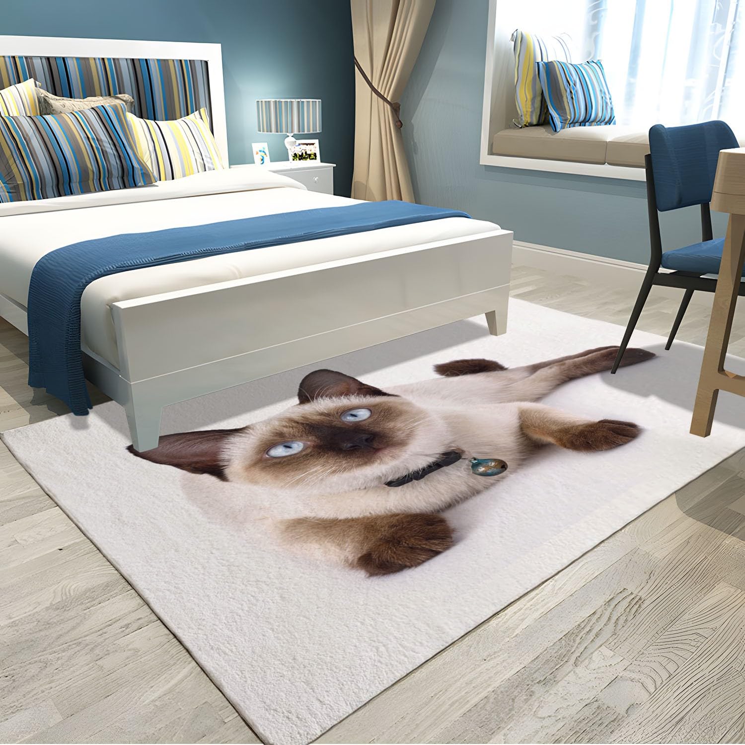 Weiß Waschbarer Teppich Siamkatze als Haustier Teppich Wohnzimmer 120x170 Teppich Kurzflor Modern Teppich Schlafzimmer Teppich Groß Weiche rutschfest Waschbarer Teppich