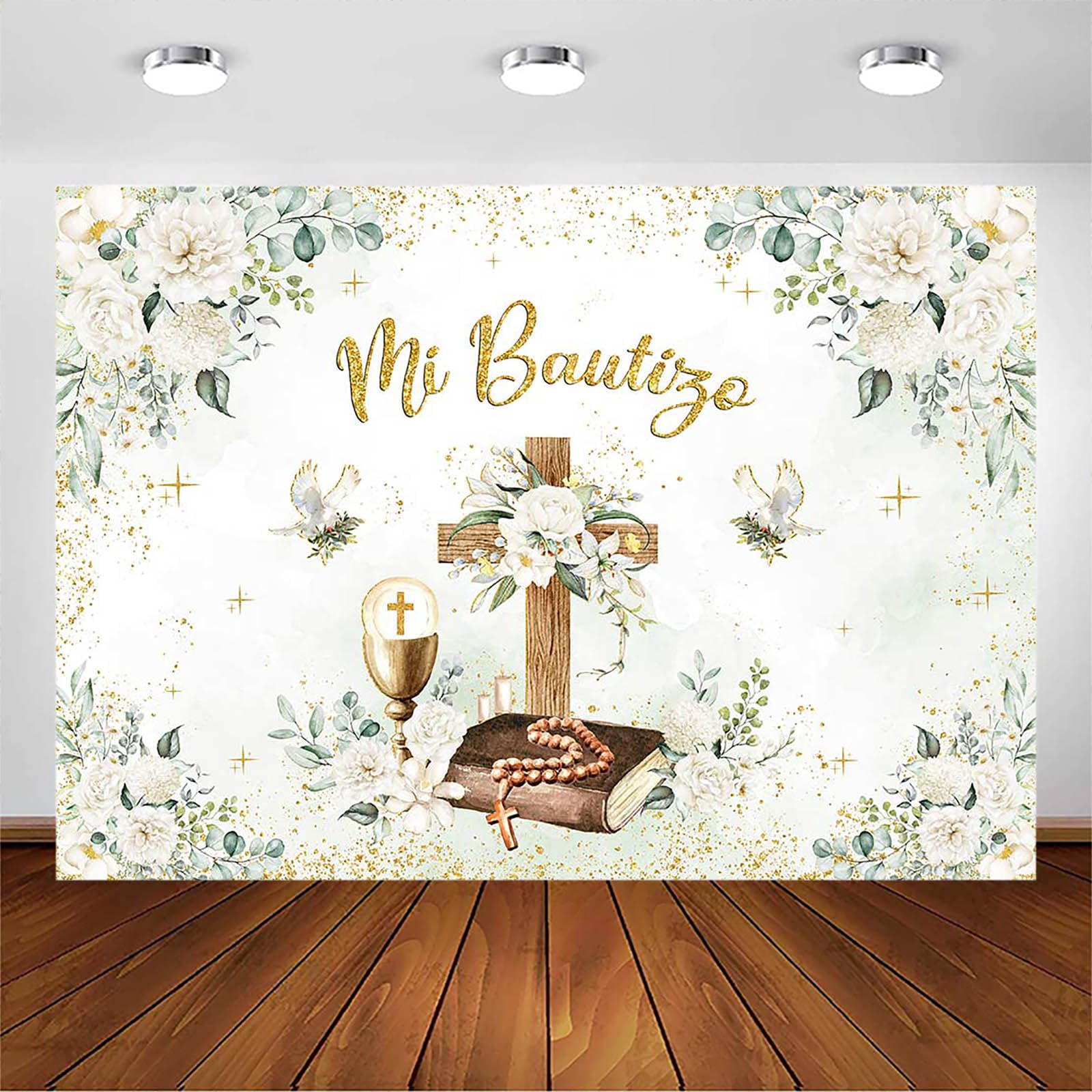 Avezano Mi Bautizo tło "God Bless" białe kwiatowe tło do chrztu, pierwsza komunia, chrzest, baby shower, przyjęcie, fotografia, tło, dekoracje, fotobudka, rekwizyty, 3 x 2 m
