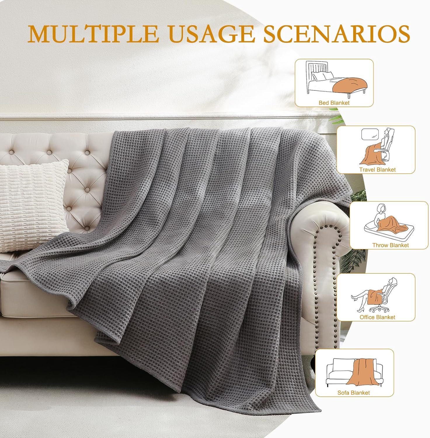 YOUR MOON Waffle Weave Wool Blanket Twin Size, Australian Wool Blanket for All Seasons, Breathable Throw Blankets for Bed & Couch, Soft and Warm, 66"x90", Gray