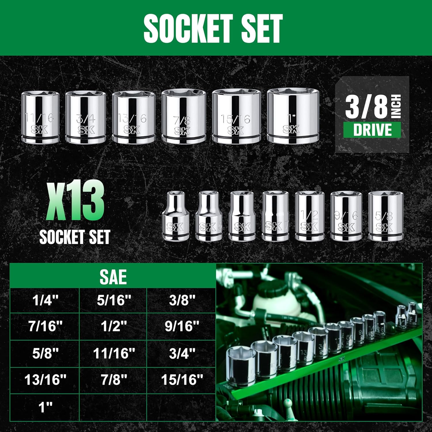 SK 3/8" Drive Socket Set, SAE Sockets, 13-Piece, 1/4" to 1", SuperKrome Finish, Premium CR-V Construction, with Aluminum Socket Organizer