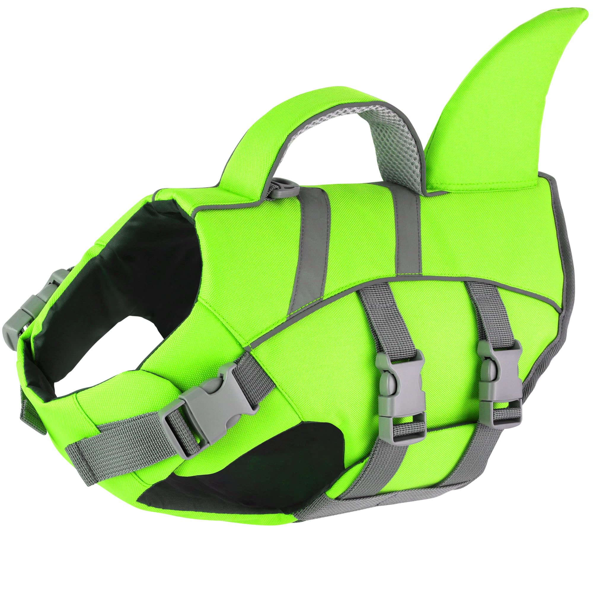 Gilet de sauvetage pour chien vert L avec aileron de requin pour baignade en mer et paddle