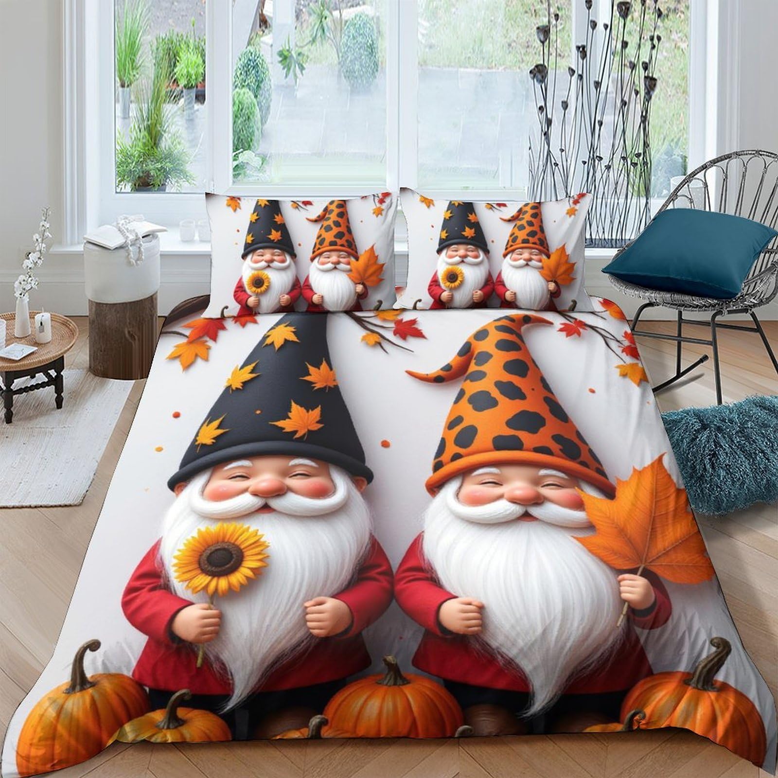 Ctjqhvkz Style-6 3D Printed Autumn Gnome Fitted Sheet Microfiber Pumpkin Decor Leaf Bed Cover For Bedroom Guest Room Dorm Single（135X200cm）
