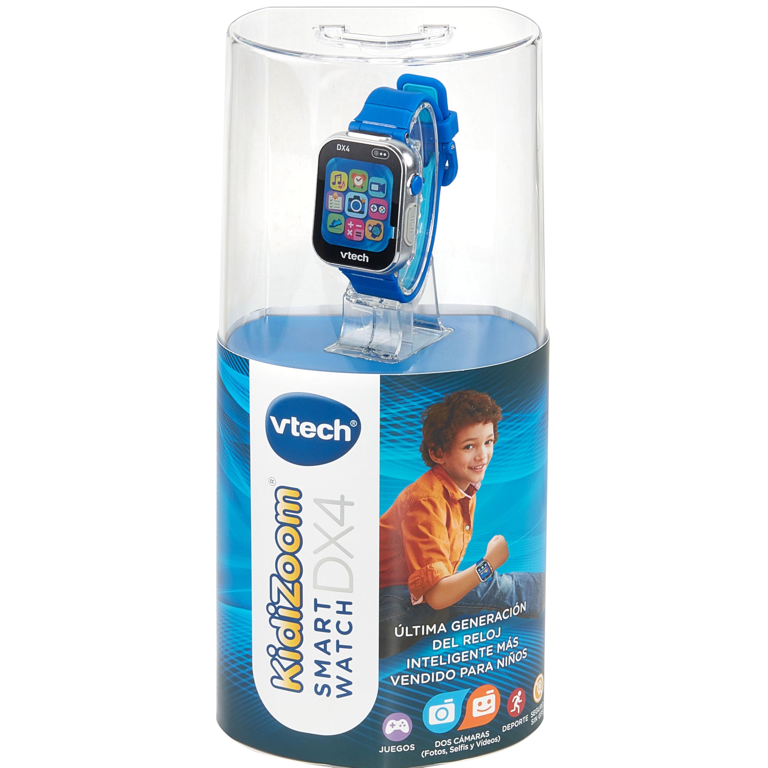 VTech KidiZoom DX4 Smartwatch Bleu Double Appareil Photo pour Photos et Selfies, Jeux, podomètre, écran Vertical Couleur, Lecteur de Musique, Version ESP