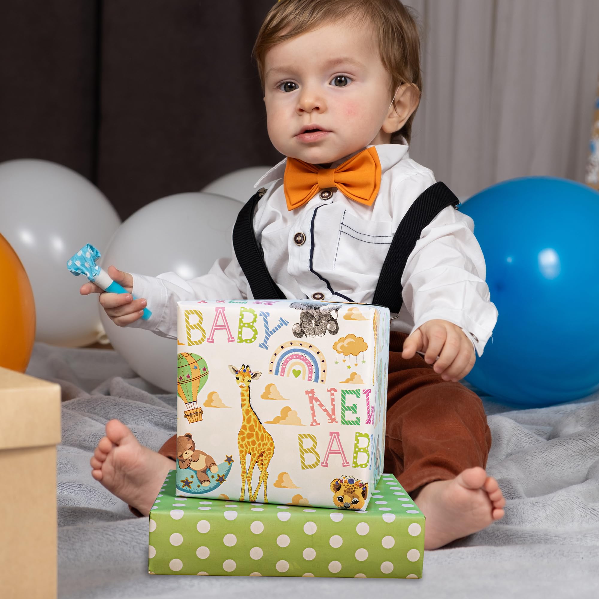 Altarho Papel de regalo reversible para baby shower para niños y niñas, 17 pulgadas x 33 pies, animales de jirafa león y nuevo diseño de bebé para baby shower, fiesta, cumpleaños, vacaciones