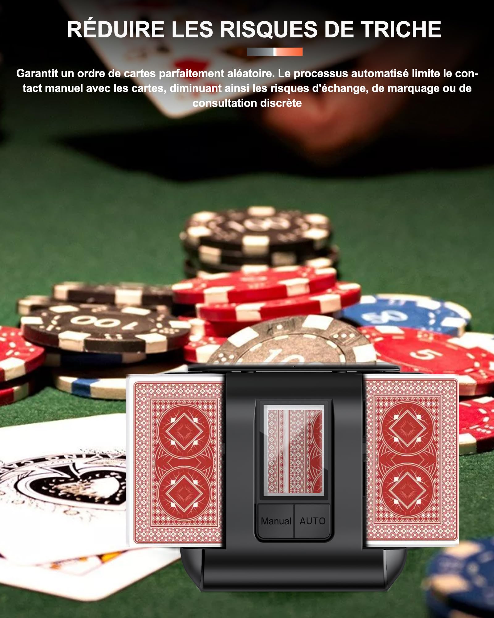 Mélangeur de Cartes Automatique Électrique pour 1-2 Jeux - Mode Auto/Manuel - Batterie 2000mAh Rechargeable USB-C - Silencieux - Compatible Poker, Belote, UNO, Blackjack, Texas Hold'em