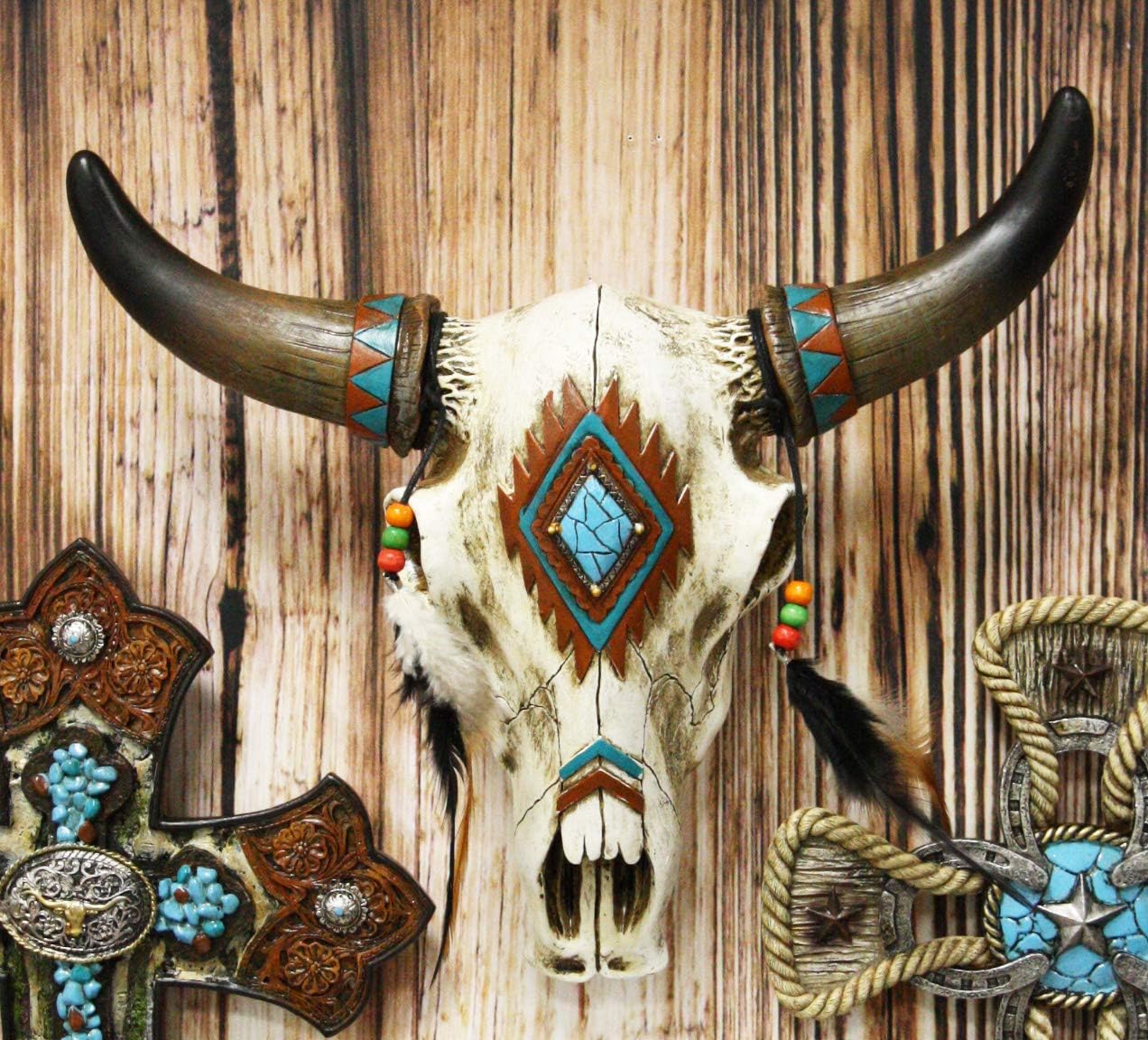 Ebros 12.5" Wide Western Southwest Steer Bison Buffalo Bull Cow Horned Skull Head with Faux Turquoise Diamond and Dream Catcher Feathers with Beads Wall Mount Decor Native Animal Totem Bust Skulls