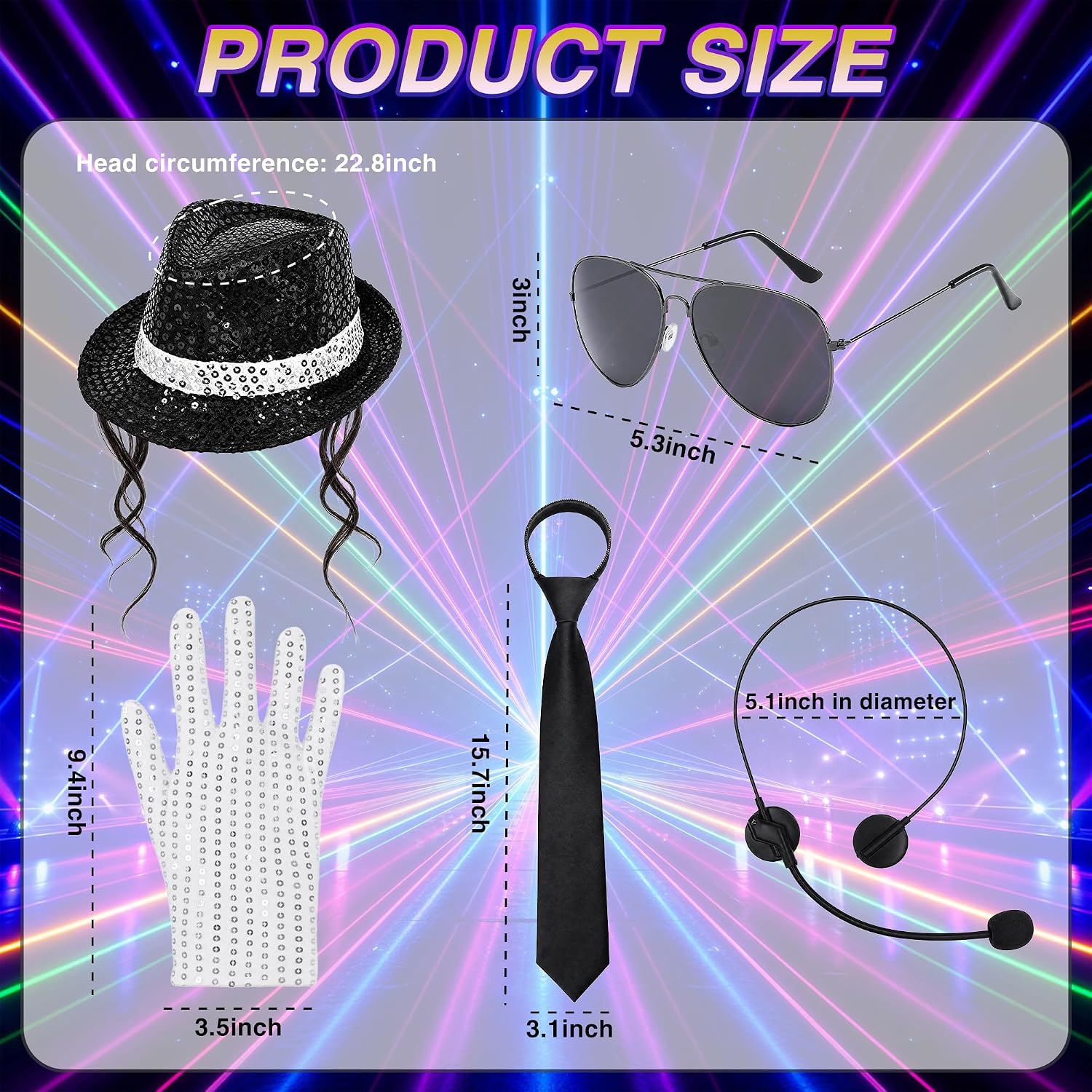 70s 80s Disco Pop Star Costume Accessories with Hat Tie Sequin Gloves Fake Microphone for Halloween Cosplay
