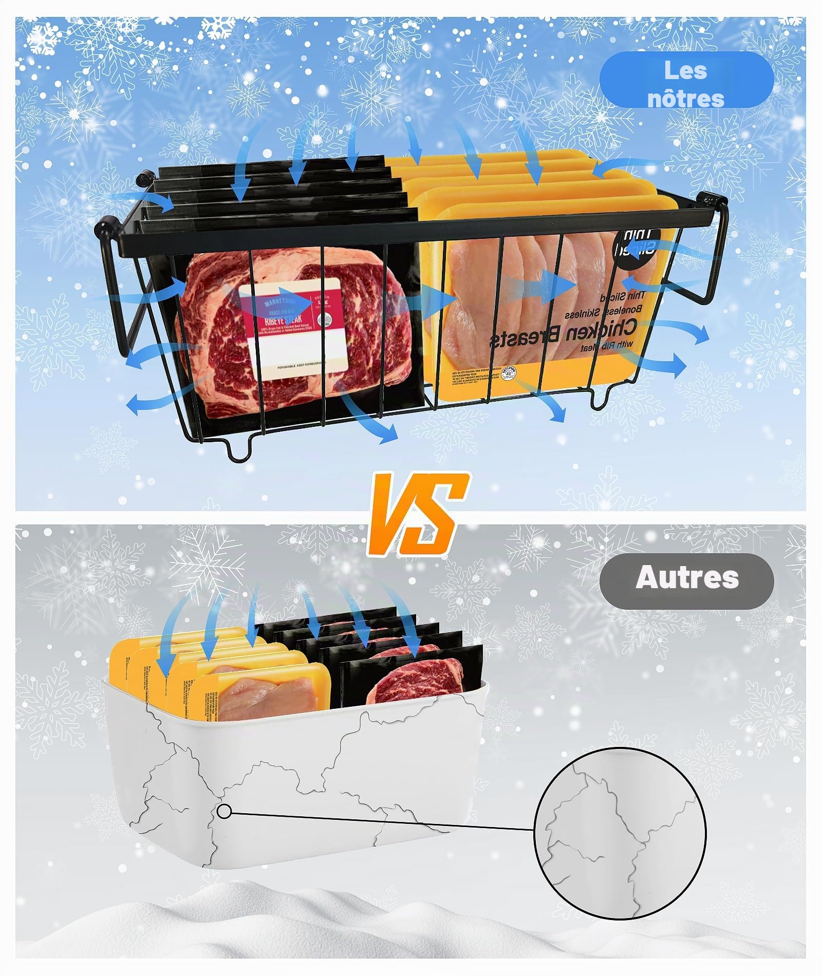 Lot De 4 Panier Congelateur Coffre, MéTal Rangement Congelateur Empilable Panier Congelateur Avec PoignéEs Et Fond AntidéRapant Noiradapté Pour RéFrigéRateur Armoire Cuisine 37,3 x 18 x 15,6 Cm (4)