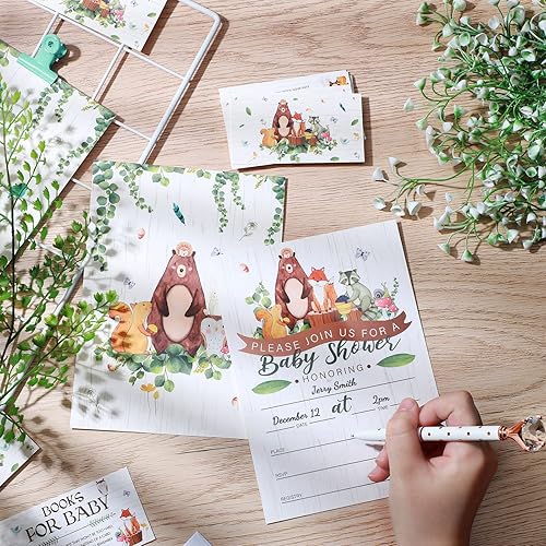 Miniatura 4 de Containlol Juegos de 28 invitaciones para baby shower de animales del bosque, boletos para rifas de pañales, tarjetas de solicitud de libro de baby