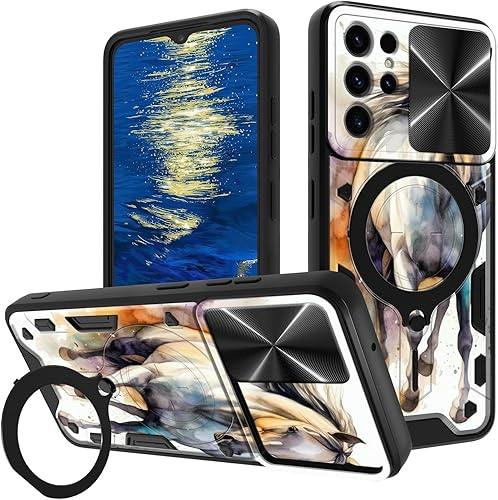 Vista 235 de Funda para Samsung Galaxy A13 5G con cubierta deslizante para lente de cámara y anillo giratorio de 360 grados, soporte híbrido de doble capa Flores