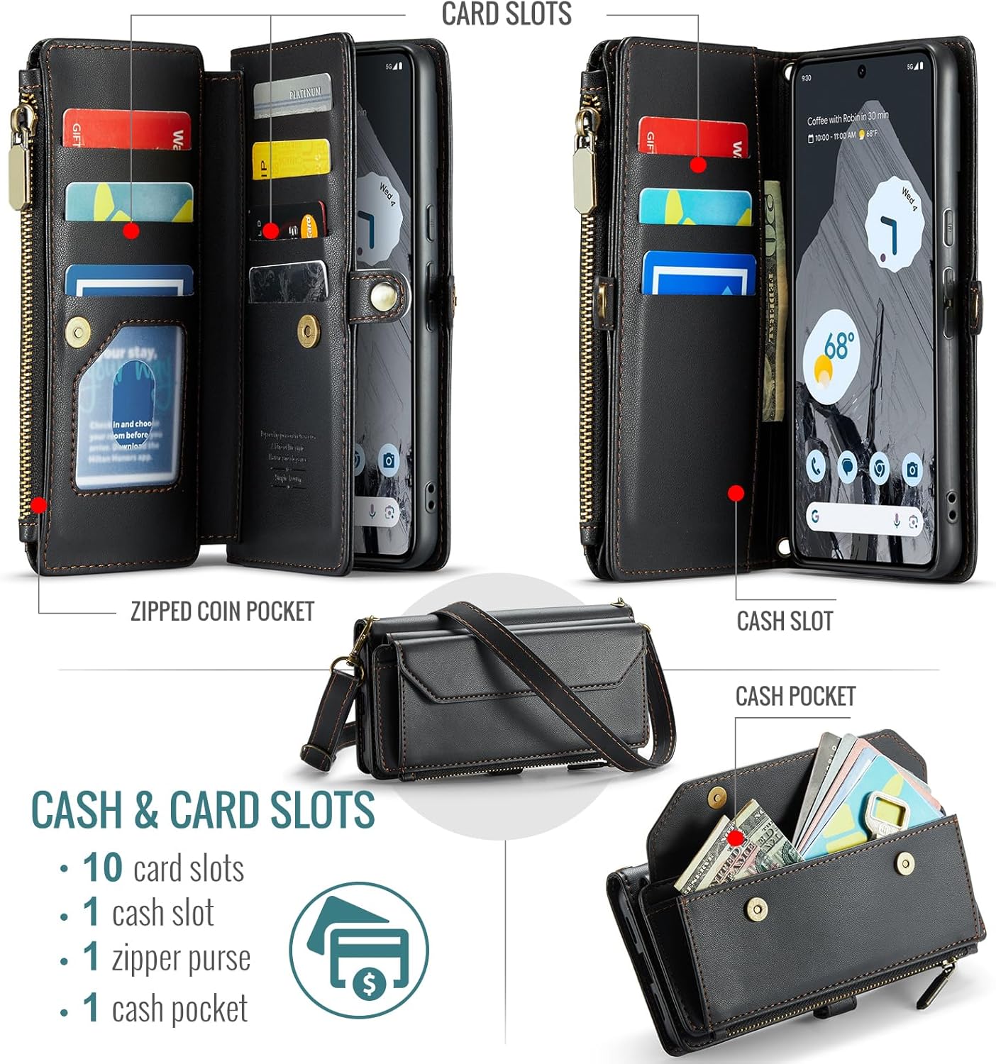 Asuwish Phone Case for Google Pixel 8 Pro 5G Zipper Wallet Cover with Tempered Glass Screen Protector and Leather Flip RFID Blocking Card Holder Cell Pixel8Pro Pixel8 XL Eight 8Pro Women Girls Black