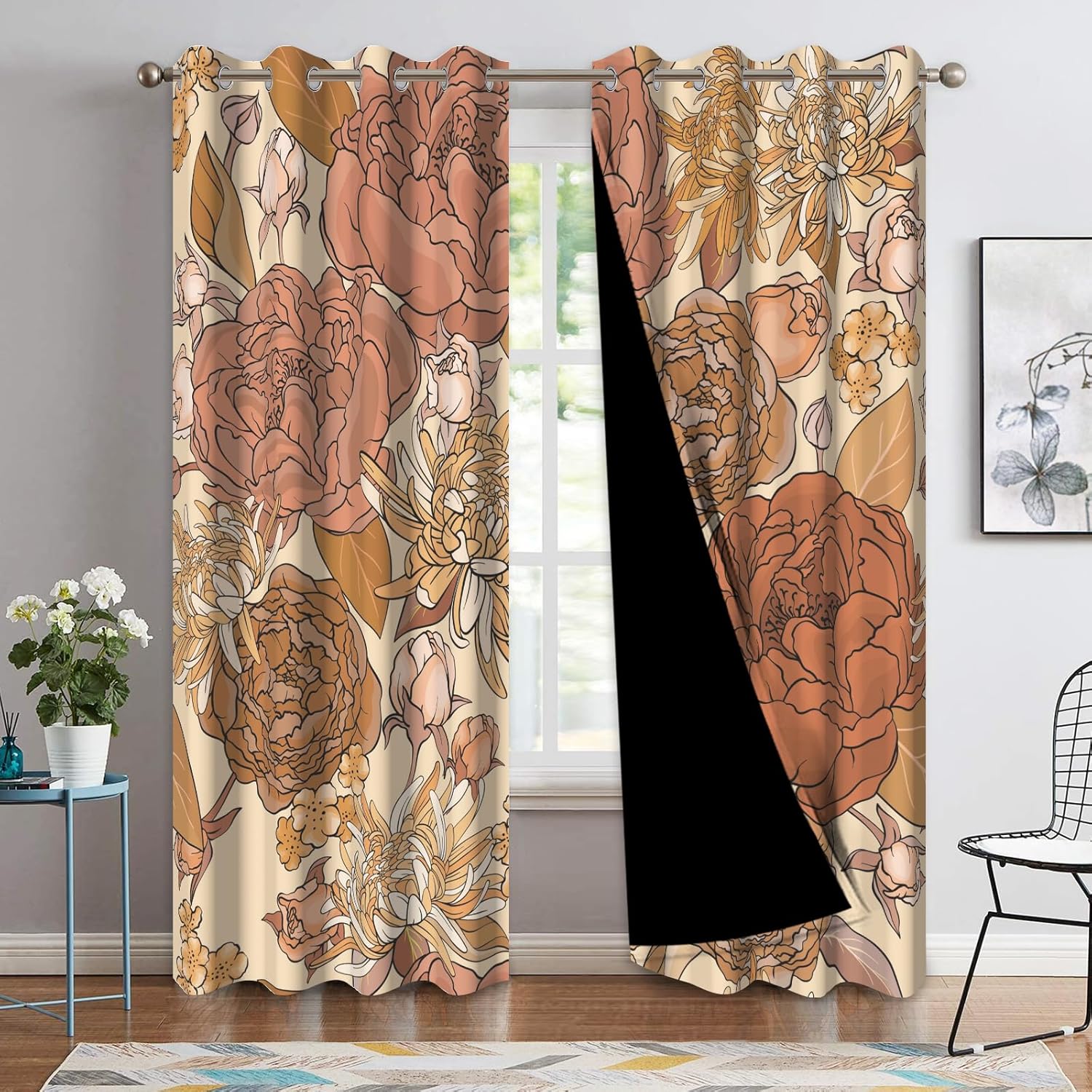 Boho Floral Blackout Curtains for Bedroom - Yellow and Orange Farmhouse Curtains 84 Inch Length 2 Panels Set, Grommet Thermal Room Darkening Drapes for Living Room 52Wx84L