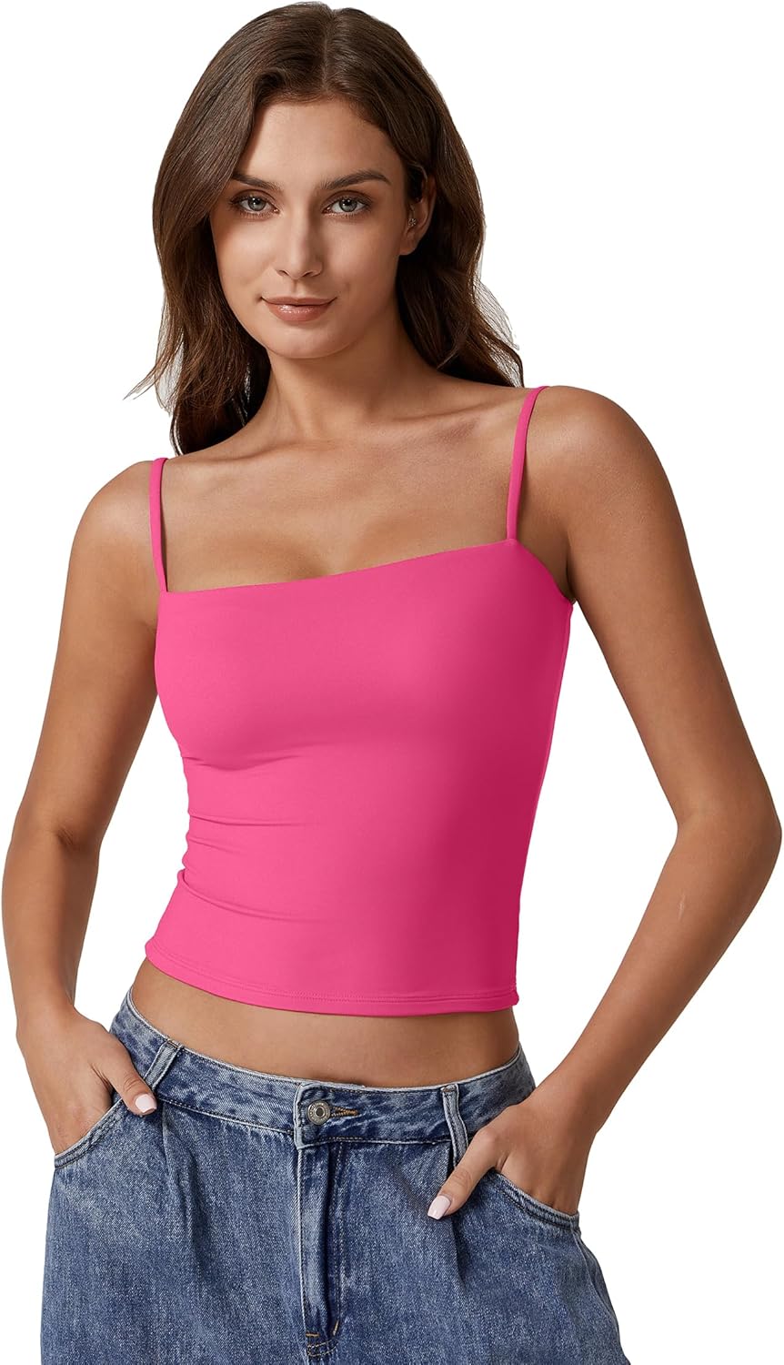 QINSEN Women's Double Lined Basic Tank Top Adjustable Spaghetti Straps Sleeveless Camisole Shirts - Image 2