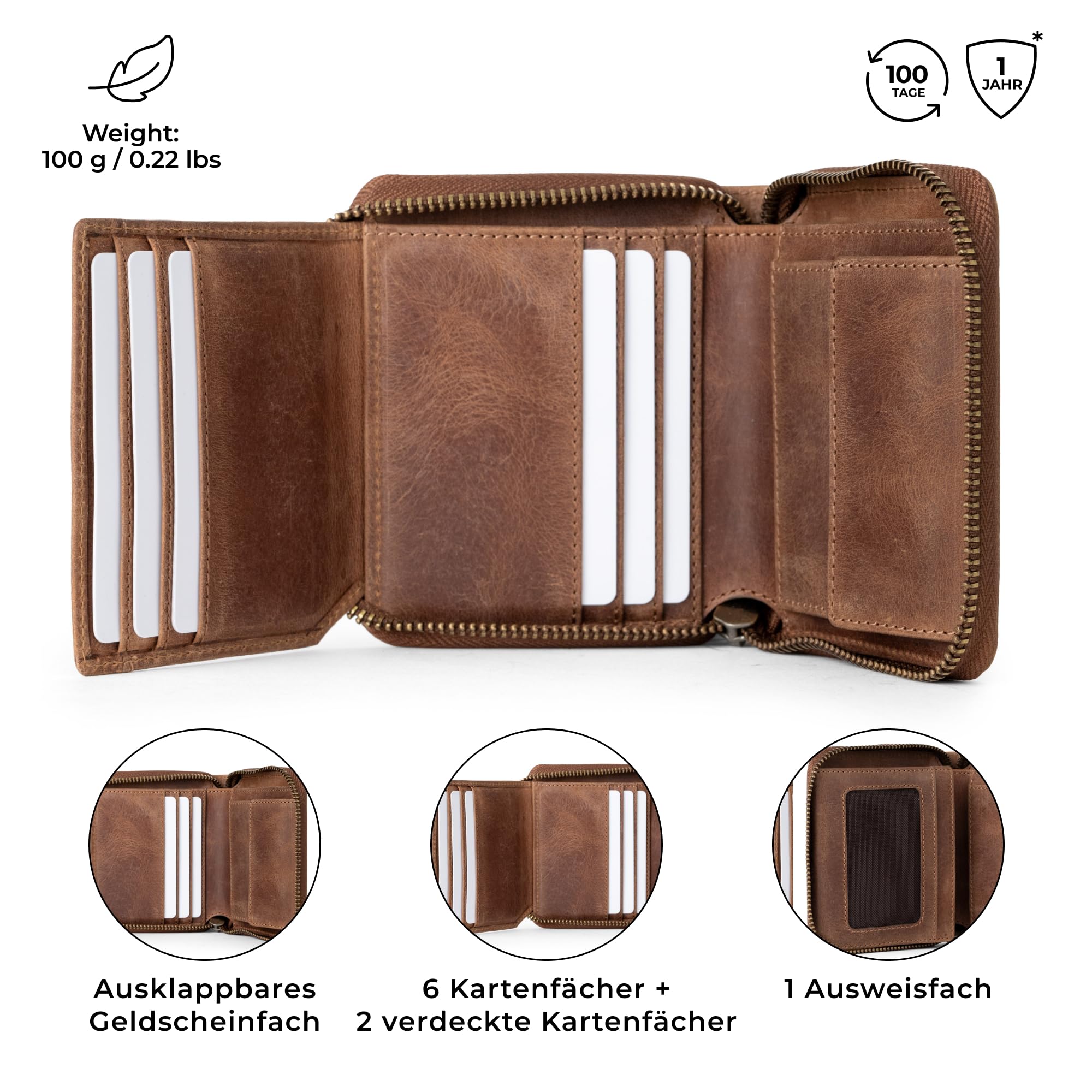 Berliner Bags Vintage Geldbörse Palermo, Kleines Portemonnaie Damen, Geldbeutel aus Leder, mit TÜV-geprüftem RFID-Schutz, inkl. Geschenk-Box, für Damen – Braun