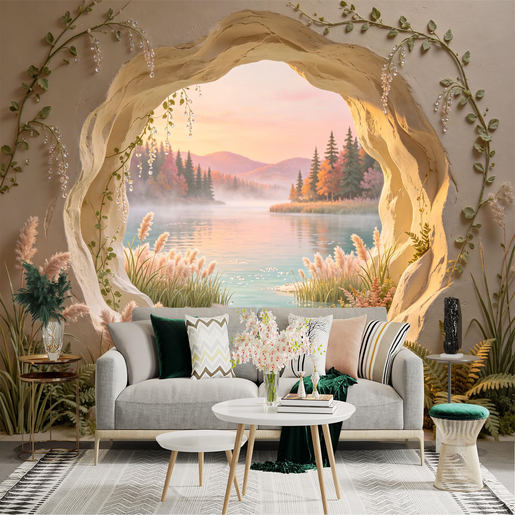 Custom Size Wall Sticker Mural， Lake View Through Stone Cave with Mountains and Sunset Forest， for wall Decoration， peelandstick wall Decals.