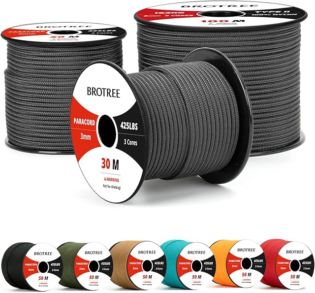 Brotree 3mm Paracord 425 Nylon Rope 3 Strands Type II Parachute Cord for Outdoor, Craft, DIY (30m, 50m, 100m) - 192kg Breaking Load