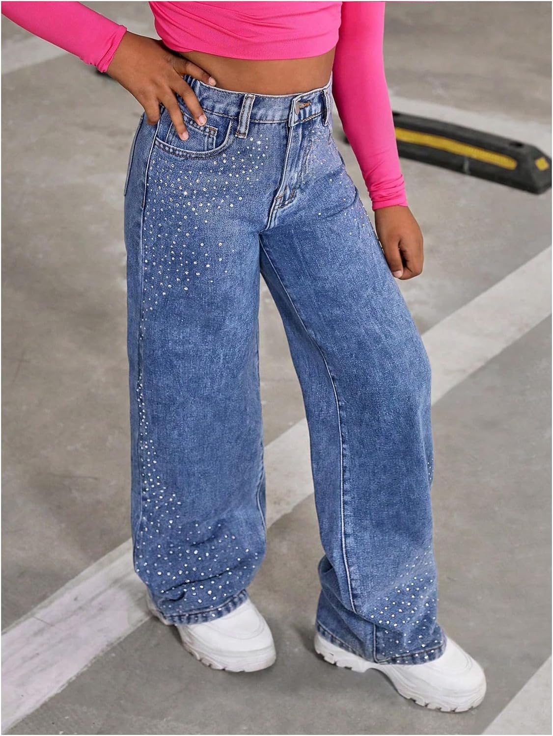 WDIRARA Girl's Rhinestone High Waisted Wide Leg Jeans Baggy Denim Pants with Pockets - Image 5