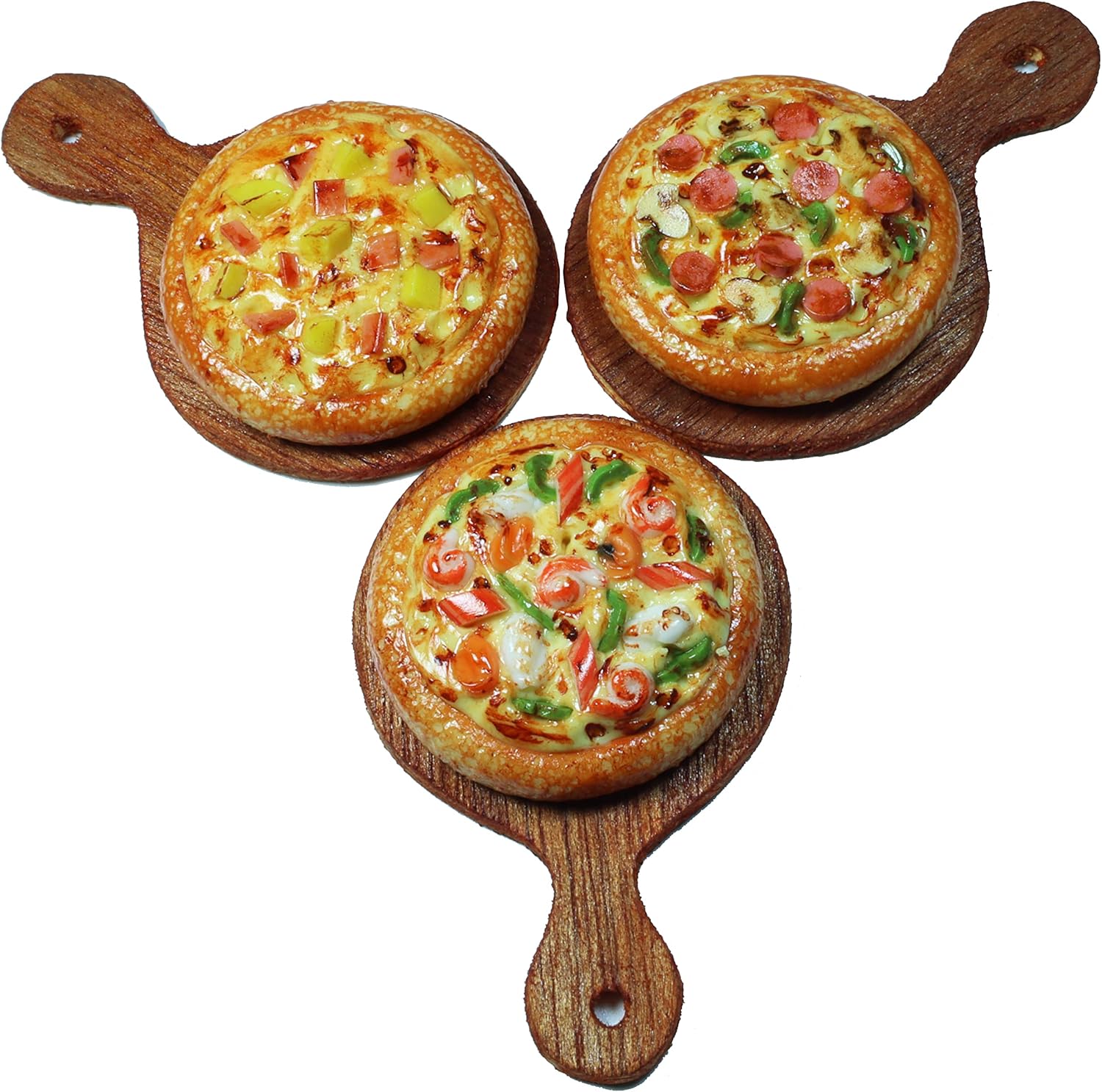 3 Pieces Pizza Miniature Set, Realistic Miniature Pizza on Wooden Tray, Dollhouse Food, 1:6 Scale, Multicolor, Clay