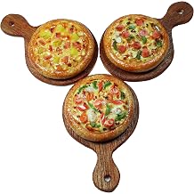 3 Pieces Pizza Miniature Set, Realistic Miniature Pizza on Wooden Tray, Dollhouse Food, 16 Scale, Multicolor, Clay