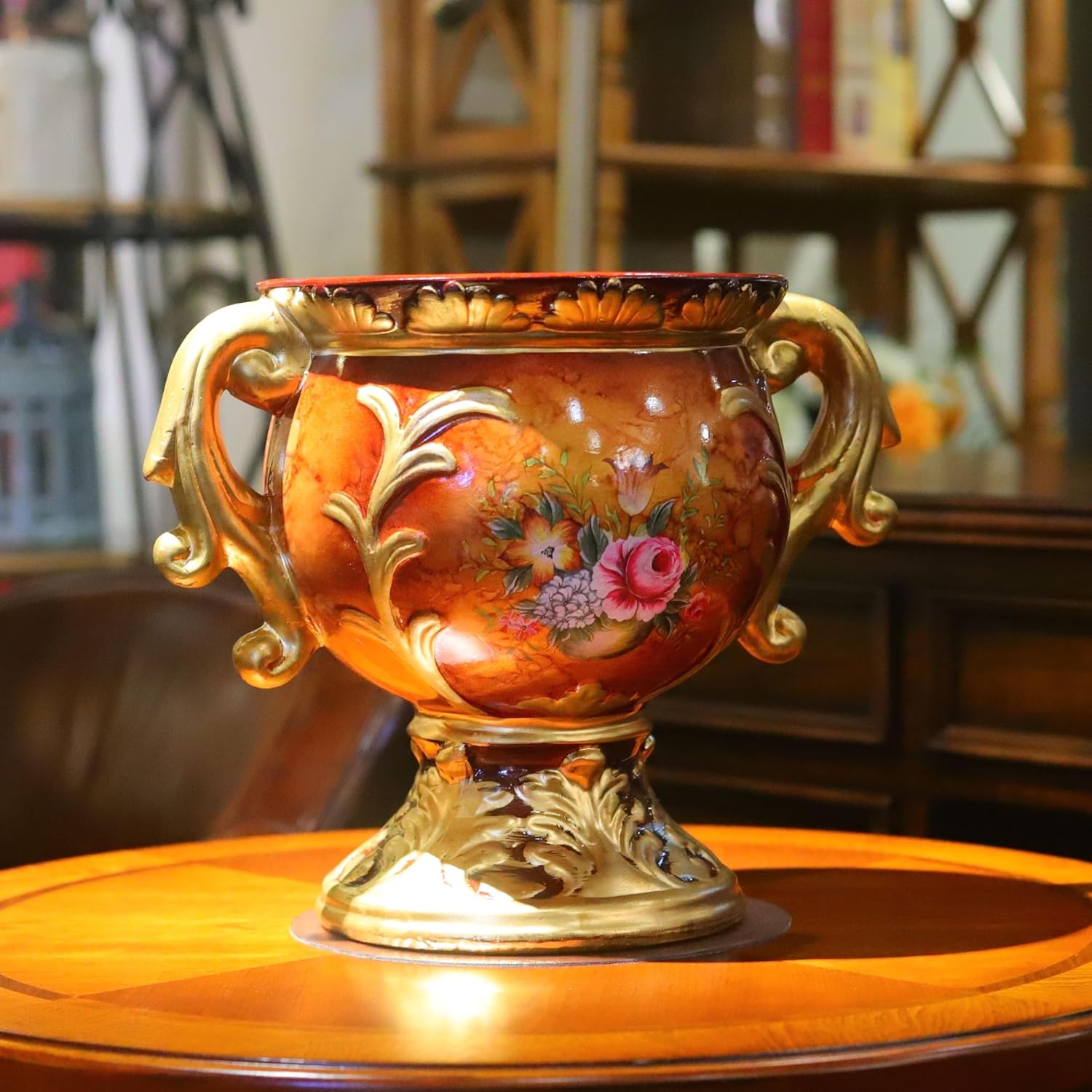 Antique Roman Pedestal Vase for Centerpiece with Handles Flower Vases Compote Bowl Vase Flowerpot Vintage Figuline Floral Pattern Plant Decor for Tabletop Living Room Office Countertop