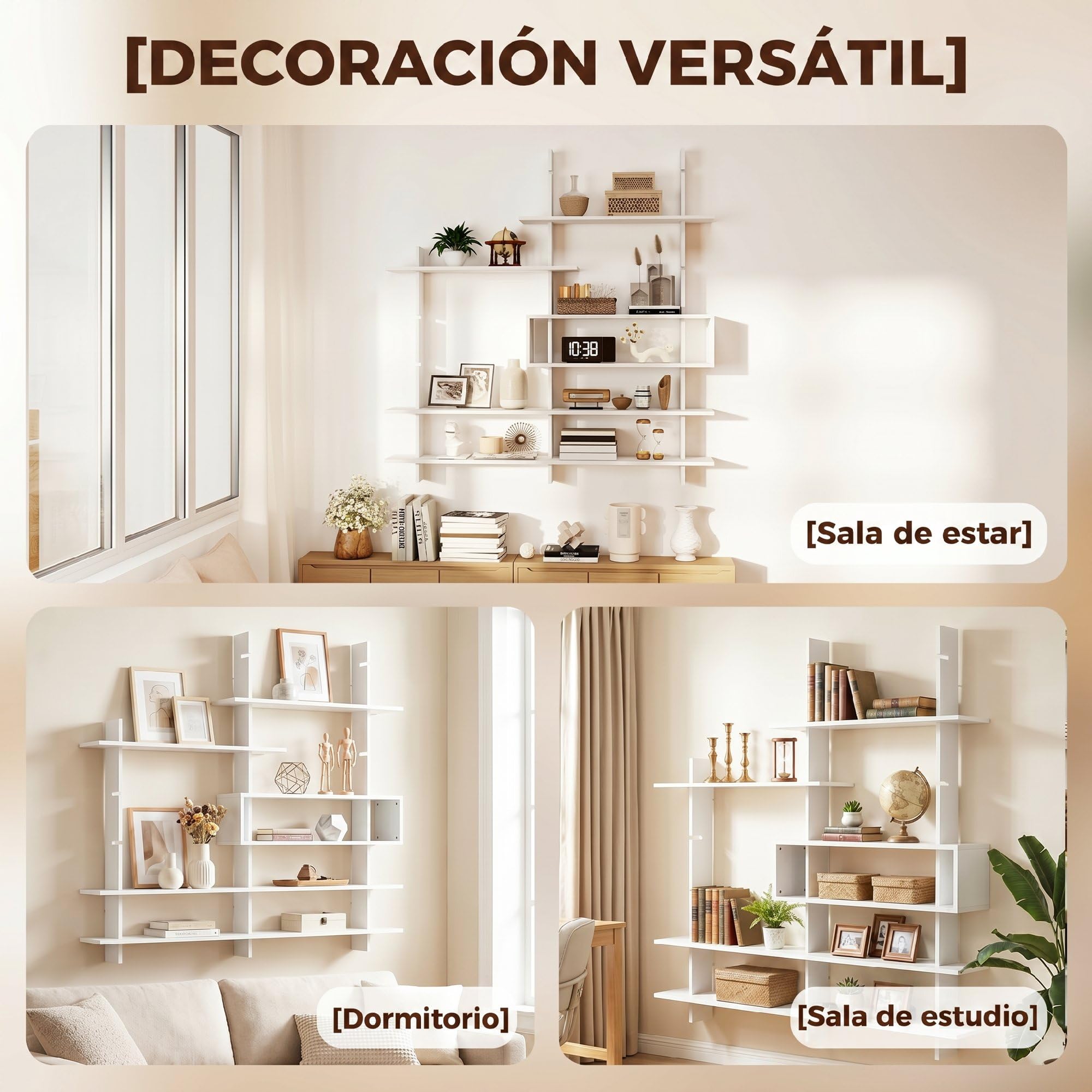 HOMCOM Estantería de Pared, Librería Geométrica con 4 Estantes, Blanco | Compartimento Central Rectangular, Estantes Decorativos, para Salón o Dormitorio