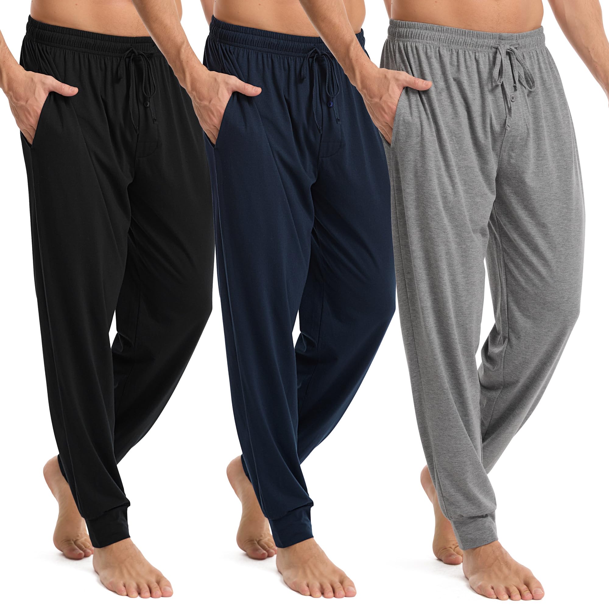 3 Pack Mens Pajama Pants Cotton Jogger Pjs Comfy Lightweight Lounge Sleep Pants for Men with Pockets Drawstring