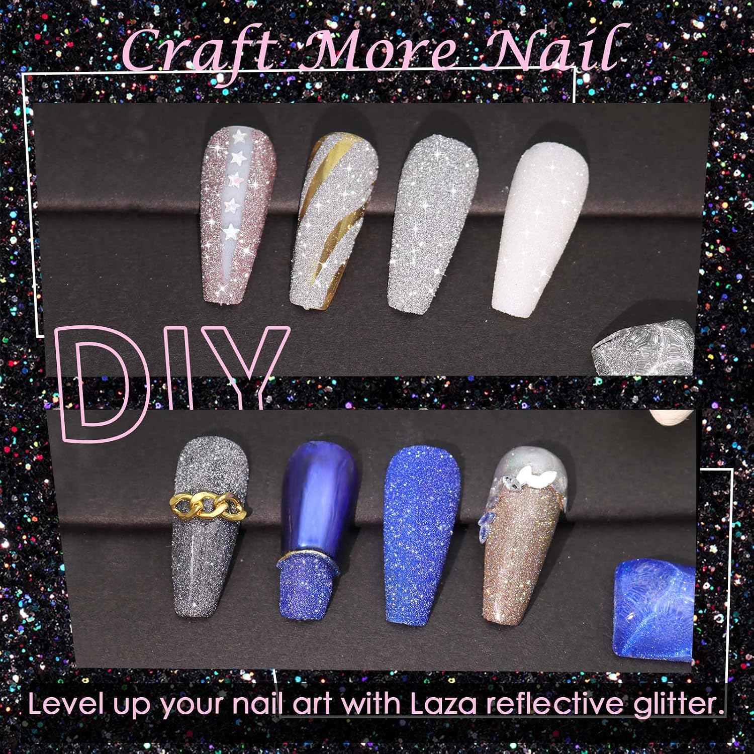 Laza 1.5g/0.05oz Diamond Nail Glitter Reflective Glitter Rhinestones Diamond Dust Pixie Crystals for Nails Holographic Nail Powder Glitter Decorations for Nail Art Tips Manicure - Sparkle White