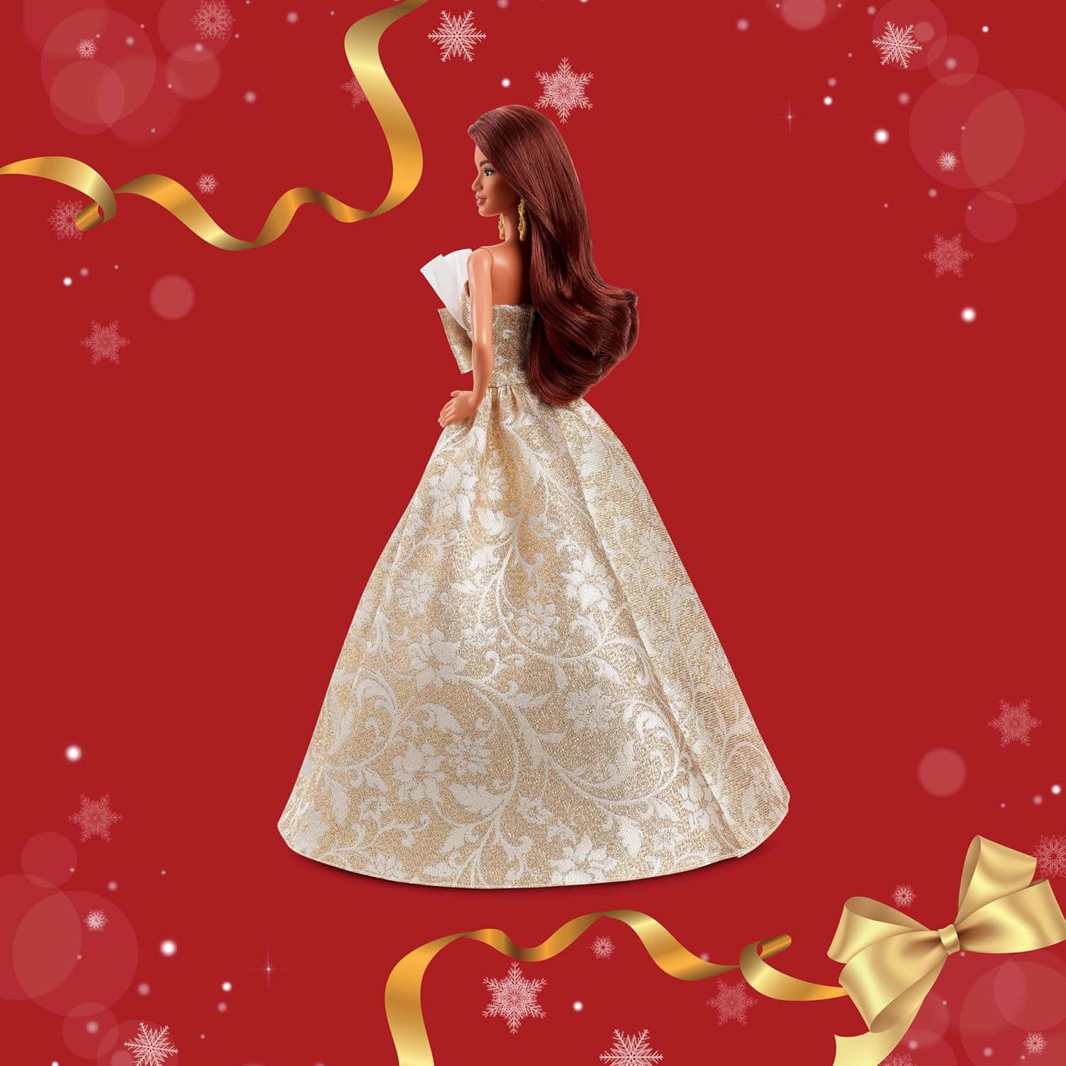Barbie Signature 2025 Holiday Fashion Doll with Dark Brown Hair Wearing Silver & Gold Gown, Seasonal Collectible Includes Displayable Packaging & Doll Stand