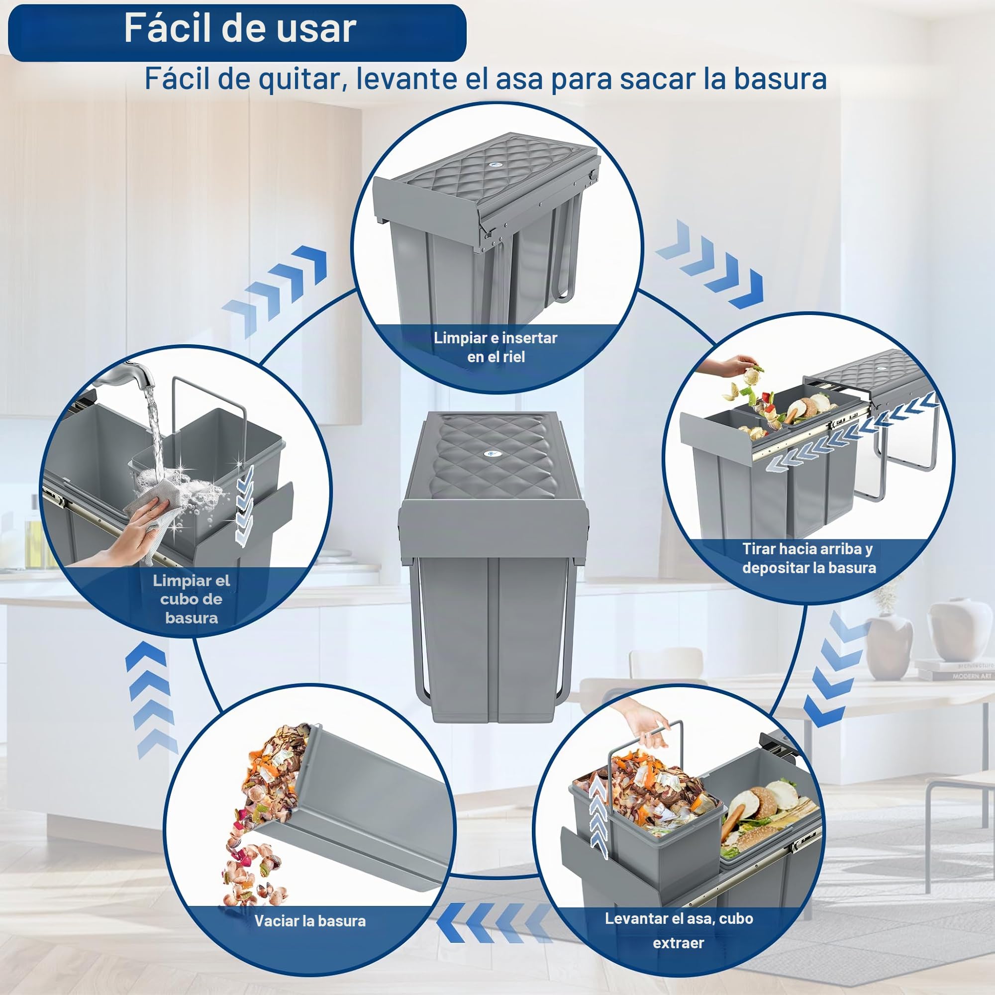 Froadp Basurero de Cocina Integrado, Cubo de Basura Extensible, 2 Compartimentos, Sistema de Separación de Basura, Salida Completa con Guías Telescópicas 48 x 26 x 41,8 cm - 1x20L+1X10L