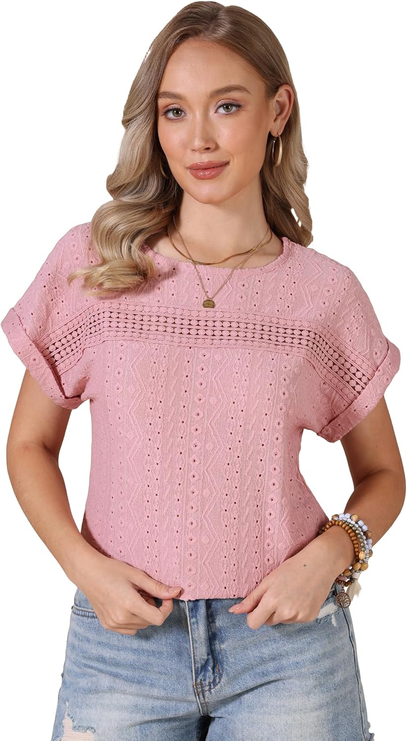 Allegra K Eyelet Tops for Women's Short Sleeve Hollow Out Summer Dressy Casual Top