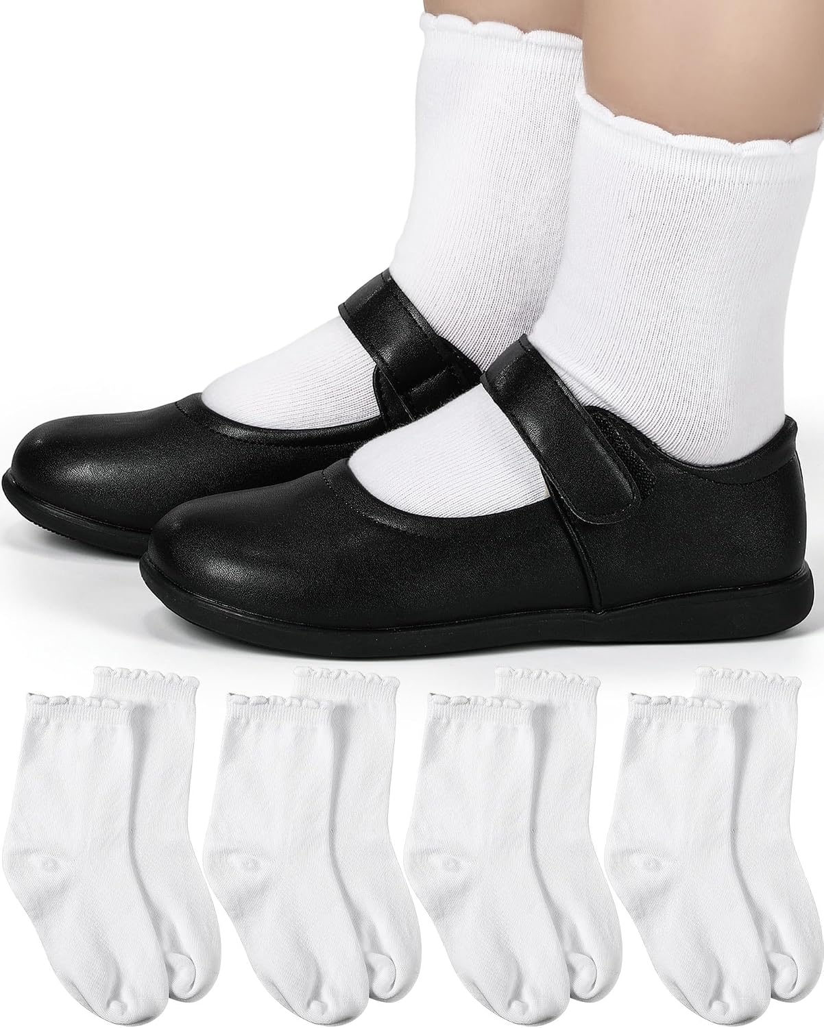 Shyyween 4 Pairs Girls School White Sock School Uniform Dress Socks Ruffle Ankle Crew Socks for Girls Kids Size 4-12 Years