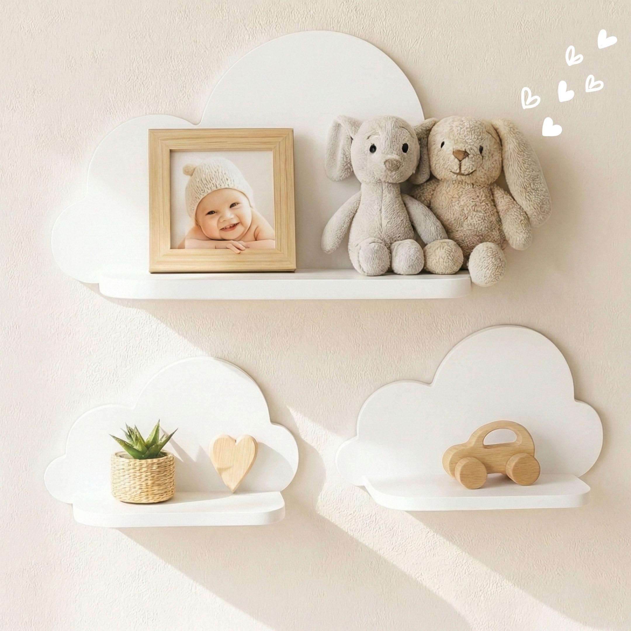 Wolkenregal 3er Set Holz – weiß, pflegeleicht & stilvoll | einfache Montage, nachhaltig & langlebig | Zeitloses Design, Designed in Deutschland | Babyzimmer Deko | Ideales Geschenkset