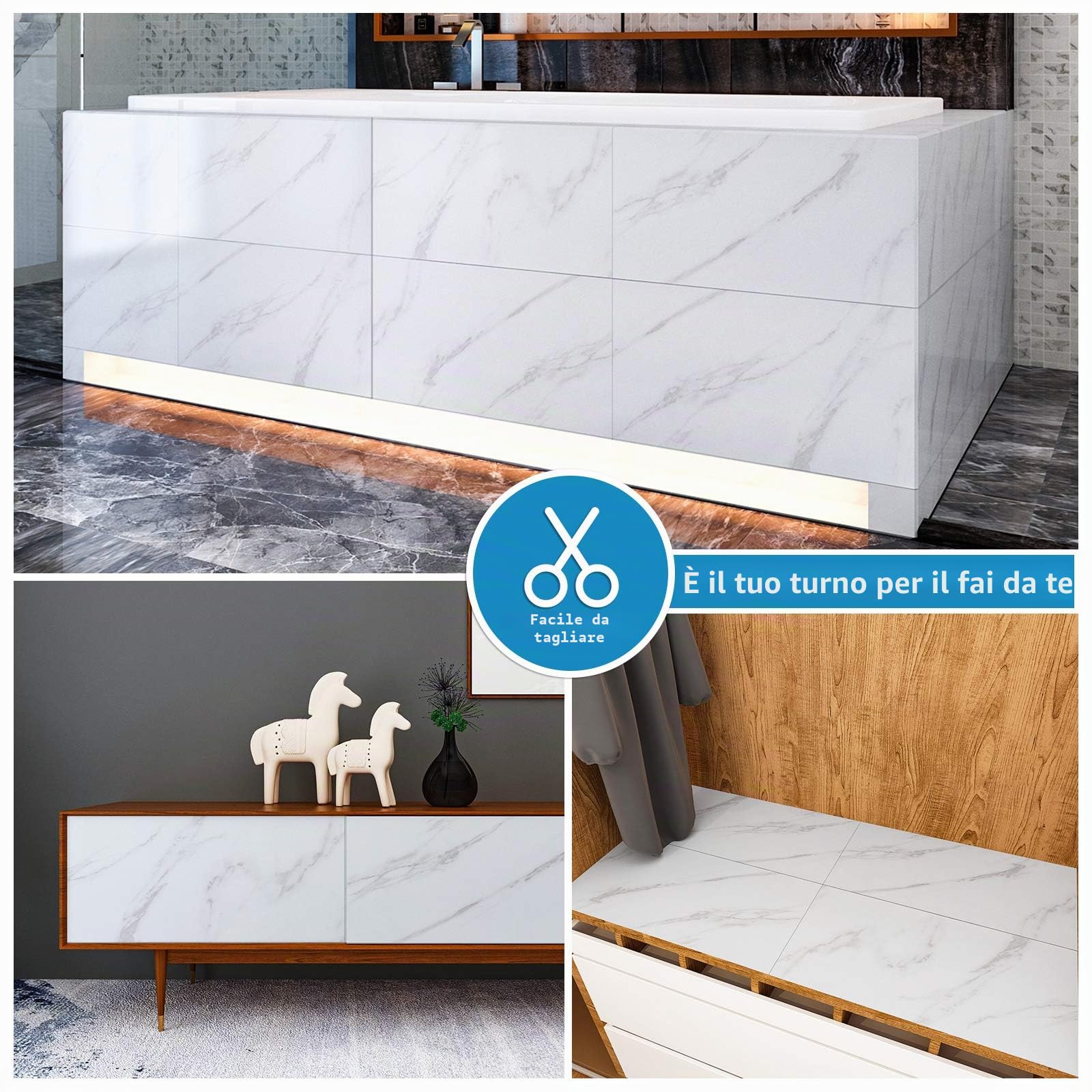 VEELIKE Piastrelle Adesive Pavimento PVC Adesivo Marmo Bianco Mattonelle Adesive Cucina Adesivi per Piastrelle Marmo Pavimento Adesivo per Interni Garage Bagno 12 Pezzi 30 cm x 60 cm